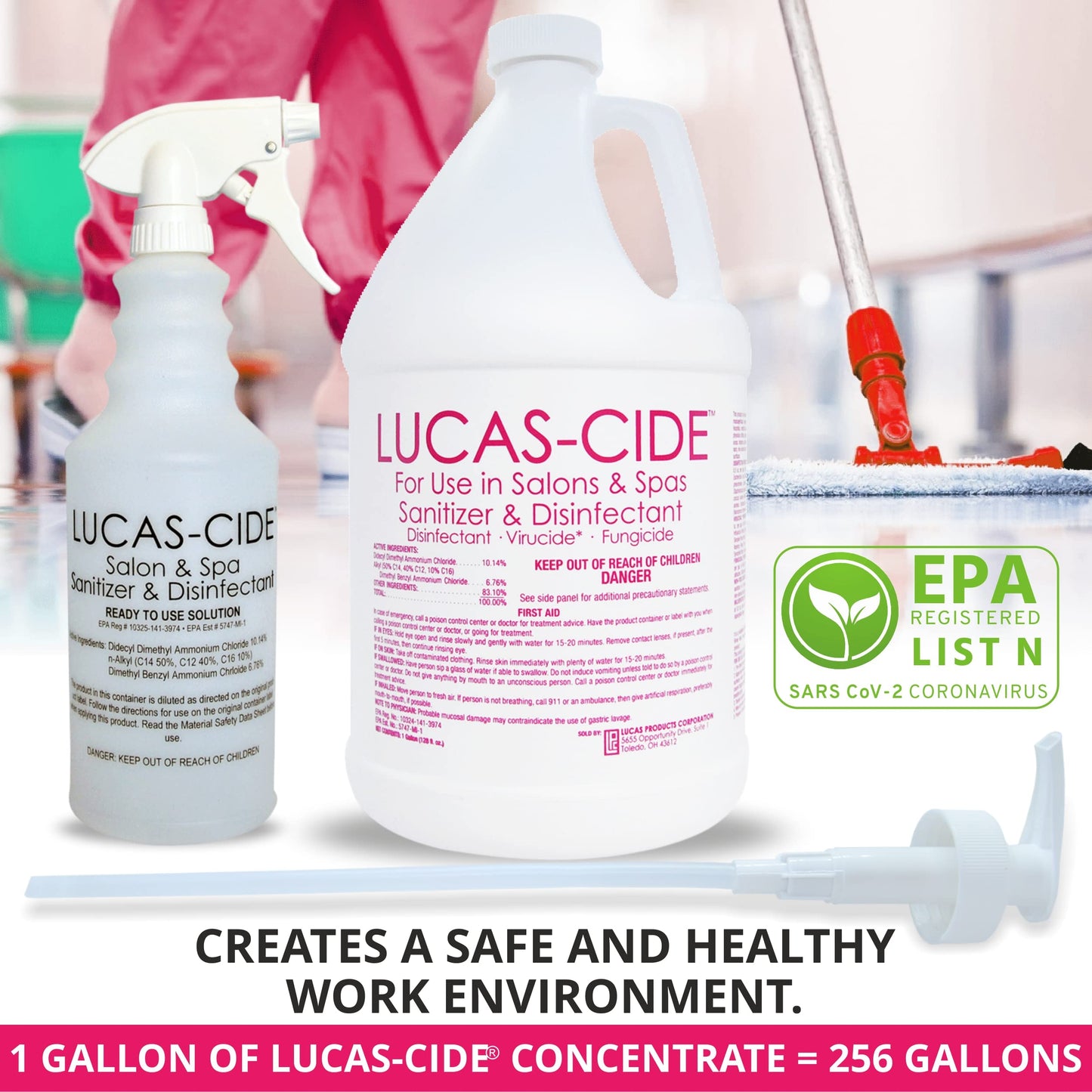 LUCAS-CIDE Salon and Spa Disinfectant 1 Gallon (Pink) Bundle with Pump & Leak Proof Spray Bottle (32 Oz.)