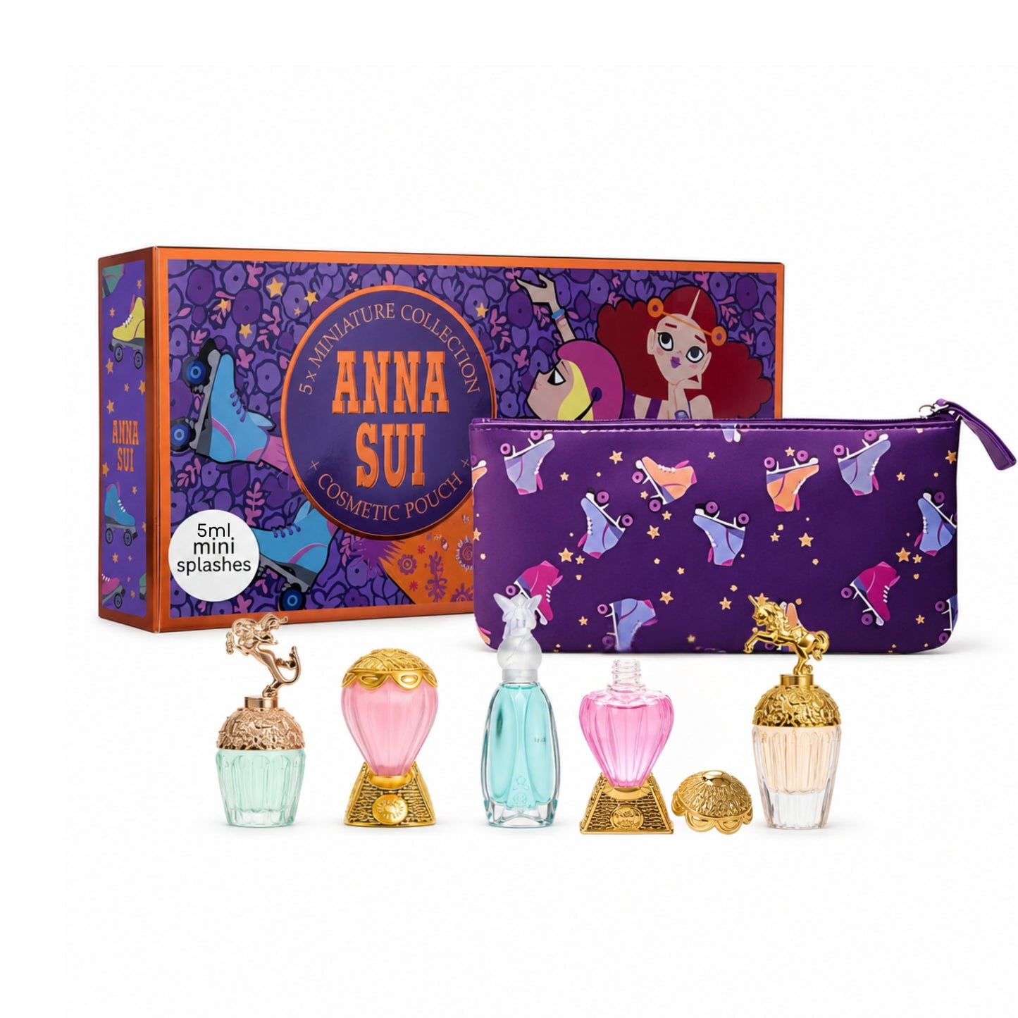 Anna Sui Mini Perfume Gift Set for Women – 5 Piece EDT Collection with Pouch (0.17 oz Each)