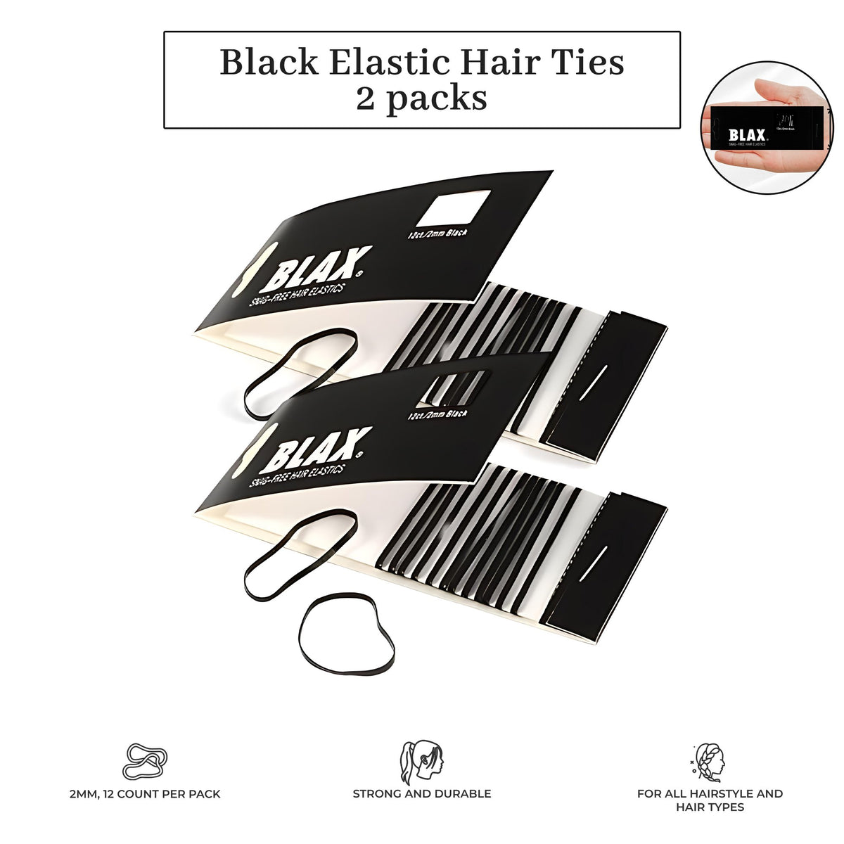 Blax Black Elastic Hair Ties – 2mm Snag-Free Seamless Hair Bands 12 Count (2 Pack)