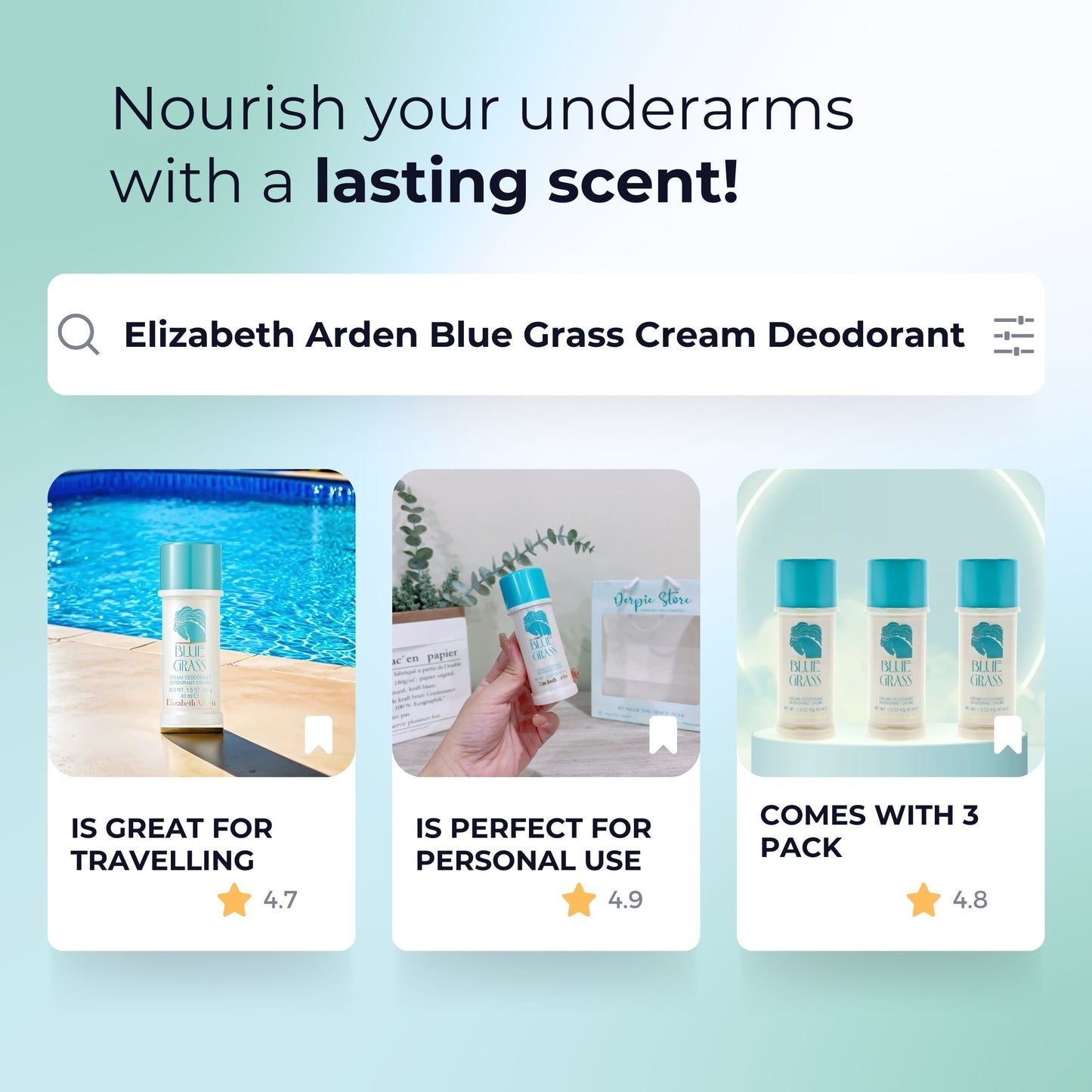Blue Grass Perfume By Elizabeth Arden Deodorant Cream for Woman 1.5 oz. - 3 Pack