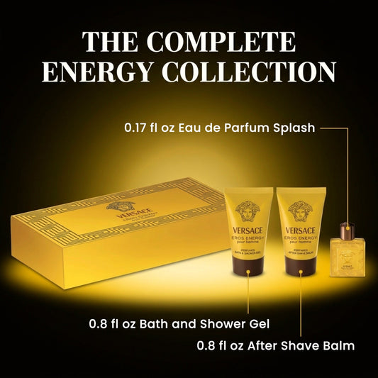 Versace Eros Energy Pour Homme Perfume for Men Gift Set Mini EDP Splash, Bath & Shower Gel and After Shave Balm