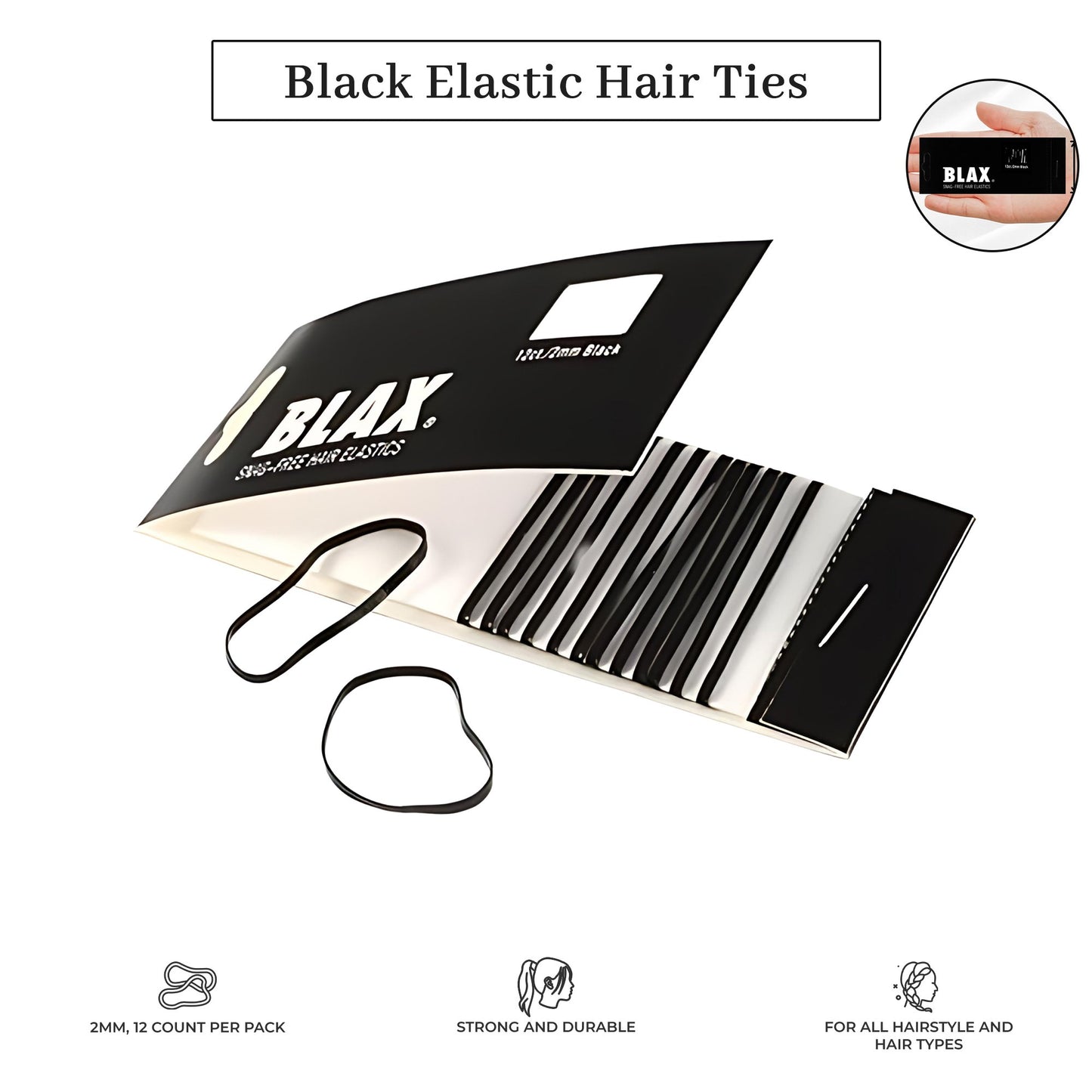 Blax Black Hair Elastics – Snag-Free Hair Ties, No-Damage Bands, 2mm 12 Count