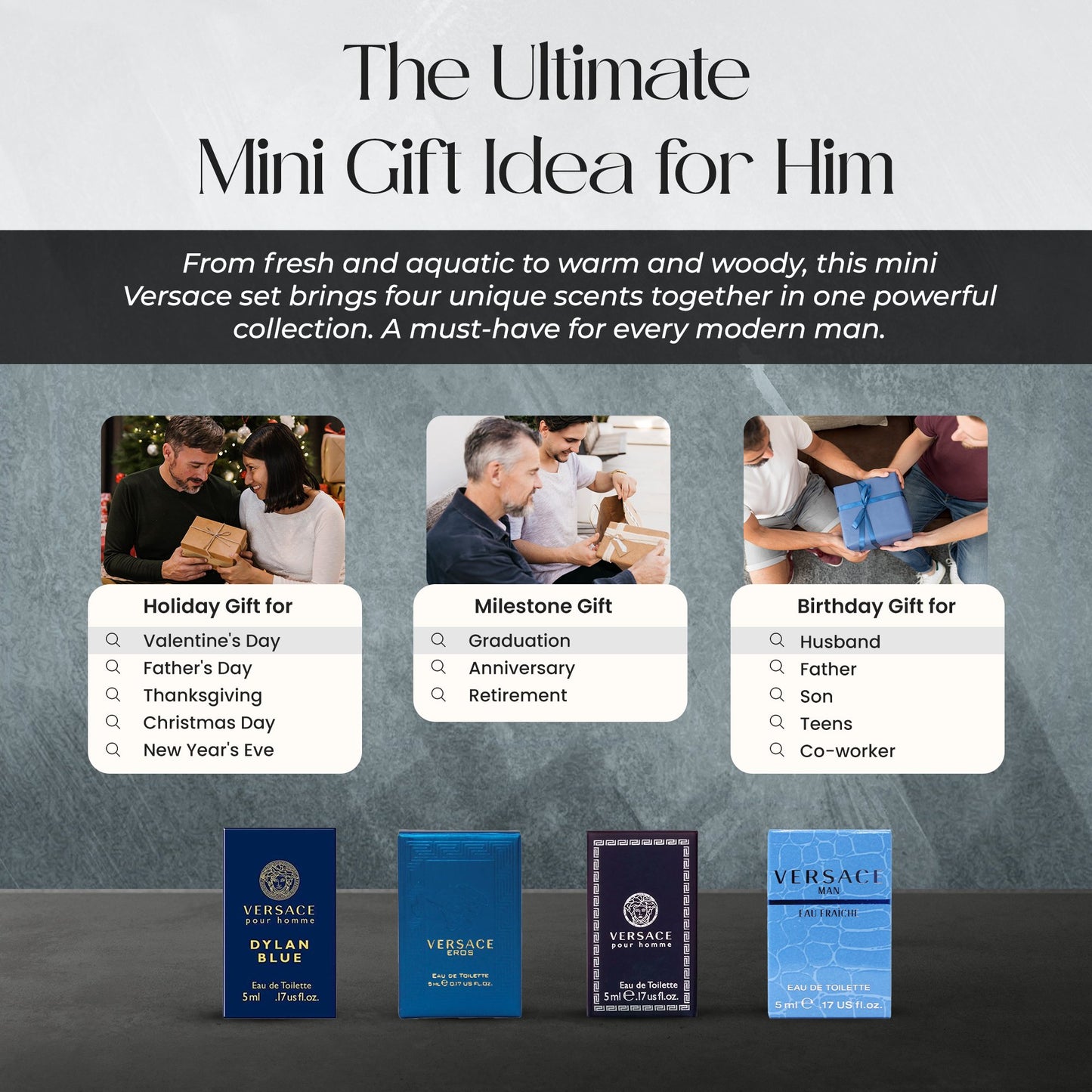 Versace Cologne for Men Set of 4 Mini Eros, Pour Homme, Dylan Blue, Eau Fraiche Perfume for Men Fragrance Sampler Set - Designer Mens Cologne Samples (4 Count, 0.17 oz)