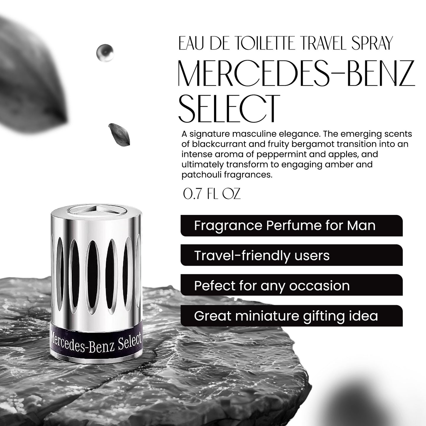 Mercedes-Benz Select Travel Collection, Classic and Legendary with Long-Lasting Notes, Choose The Freshness Of a Fruity Bergamot & Blackcurrant Accord, Eau De Toilette, Original, 0.68 Oz