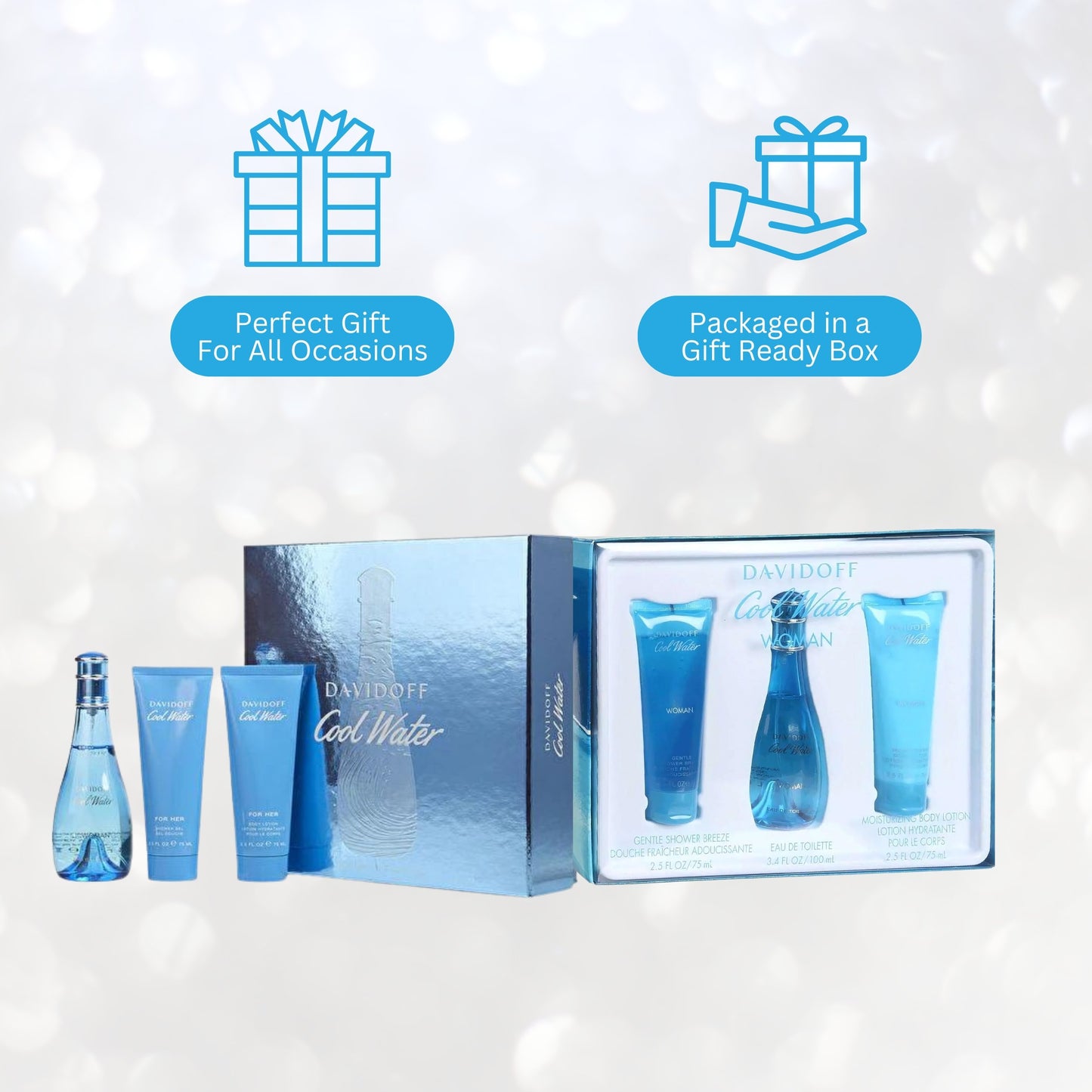 Cool Water by Zino Davidoff for Women - 3 Pc Gift Set 3.4oz EDT Spray, 2.5oz Gentle Shower Breeze, 2.5oz Moisturizing Body Lotion