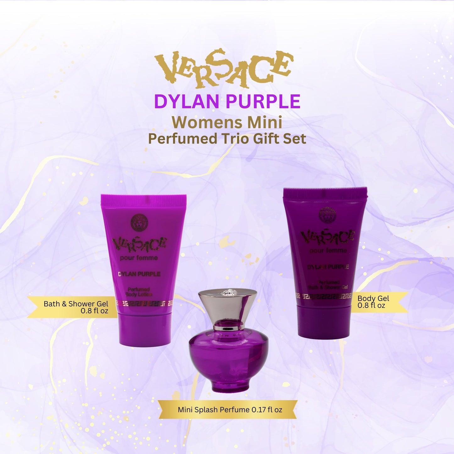 VERSACE DYLAN PURPLE POUR FEMME GIFTSET..5ML / 0.17OZ EDP..25ML / 0.8OZ B/S GEL..25ML / 0.8OZ BODY LOTION
