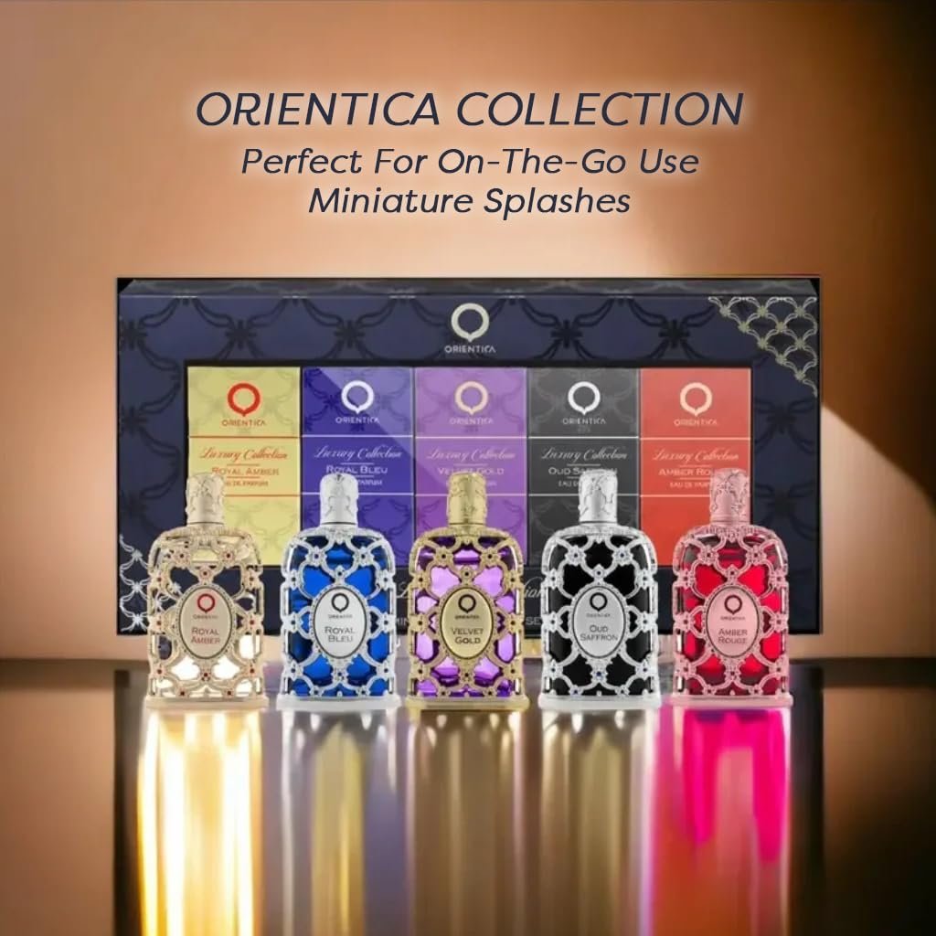 Orientica Luxury Collection 5 Piece Eau de Parfum Miniature Discovery Set for Unisex (Amber+Bleu+Velvet+Saffron+Rougue) 5x7.5ml