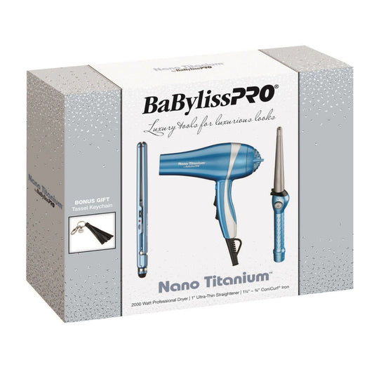 BabylissPro Nano Titanium Holiday Kit 2000W Dryer 1" Straightener Conicurl Iron