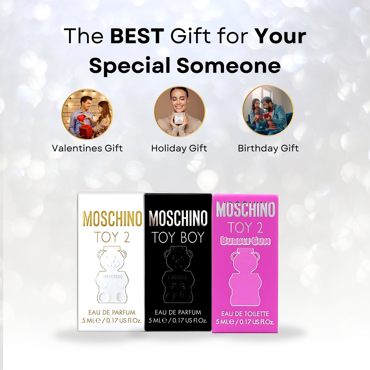 MOSCHINO Toy Mini Trio Gift Set for Women Toy 2 Eau de Parfum Mini Splash 0.17 oz, Toy 2 Bubblegum eau de toilette mini splash 0.17 oz, Toy Boy Eau de Parfum Mini Splash 0.17 oz