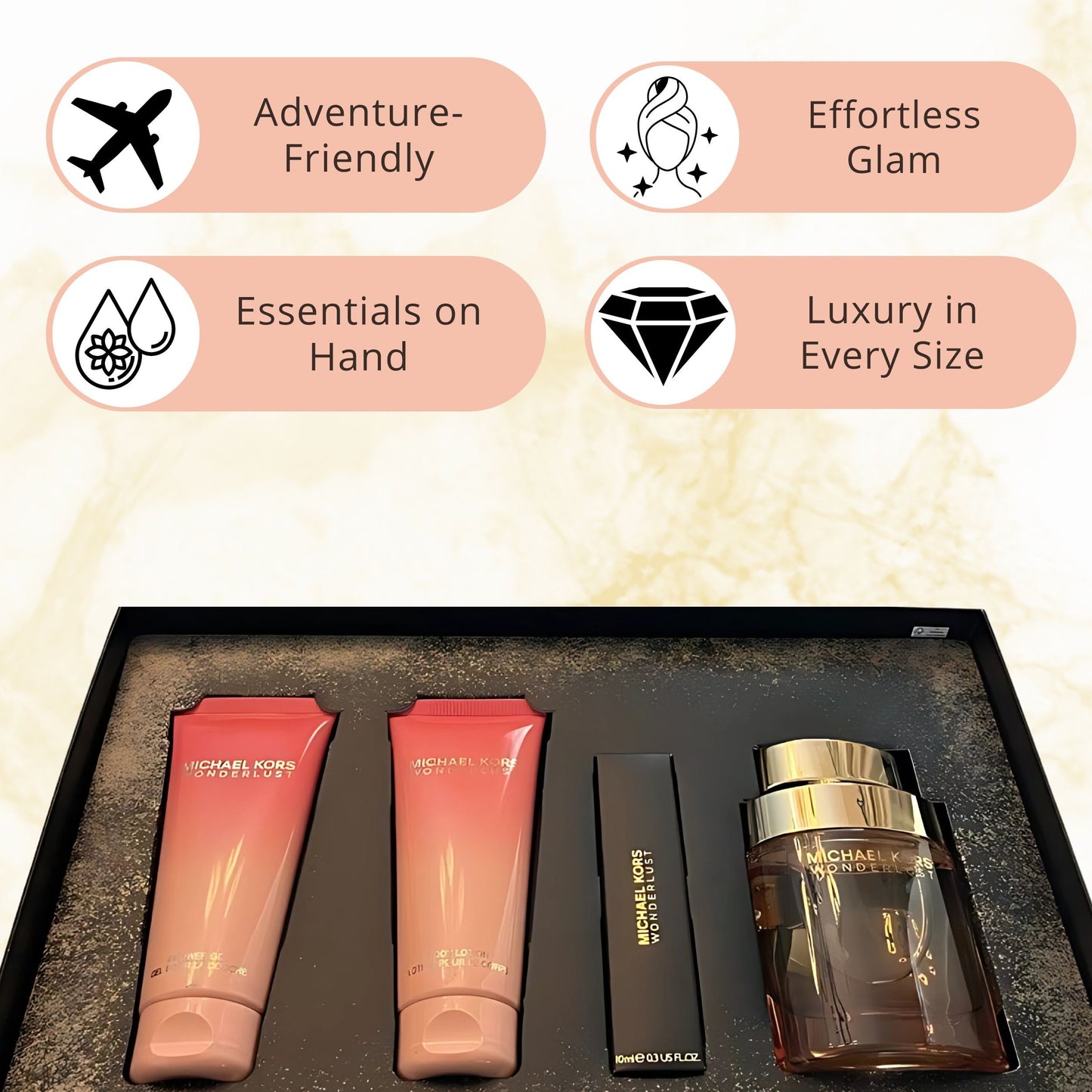 Michael Kors Wonderlust for Women - 4 Pc Gift Set 3.4oz EDP Spray, 3.4oz Body Lotion, 3.4oz Shower Gel, 0.33 oz EDP Spray