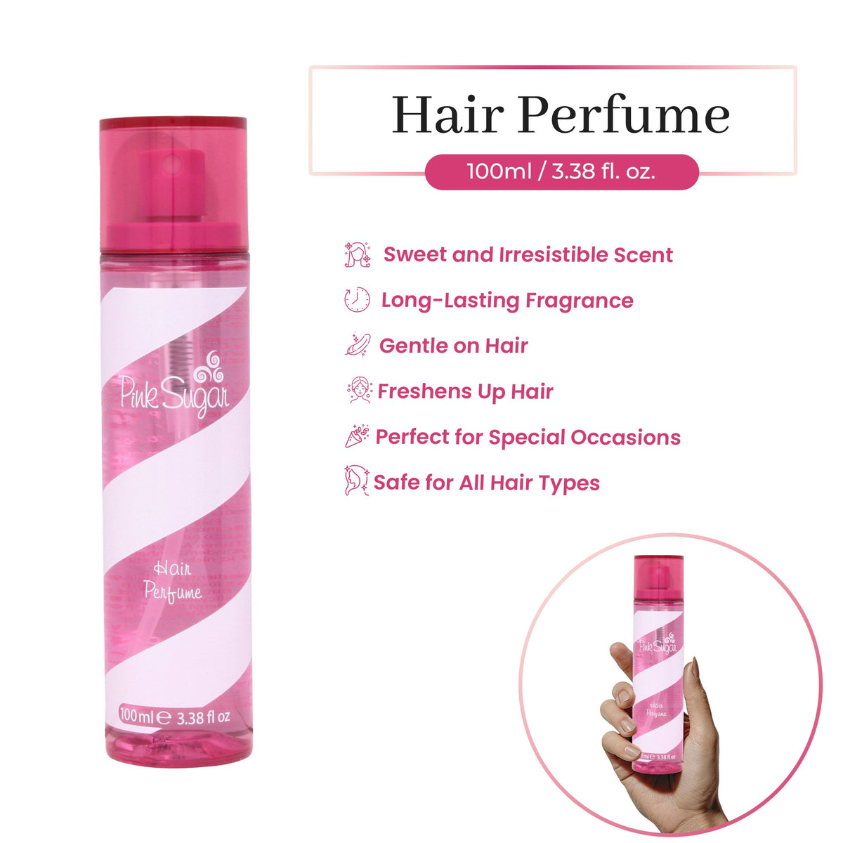 Aquolina Pink Sugar Hair Perfume – Scented Hair Mist for Women (3.4 oz)