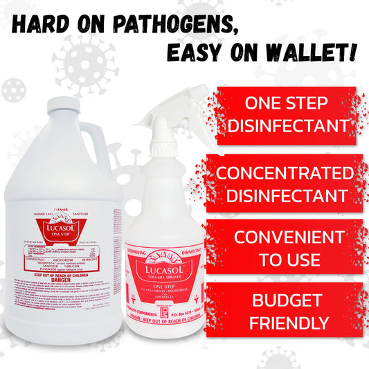 Lucasol One Step Disinfectant – 1 Gallon with 24 oz Refillable Spray Bottle Combo