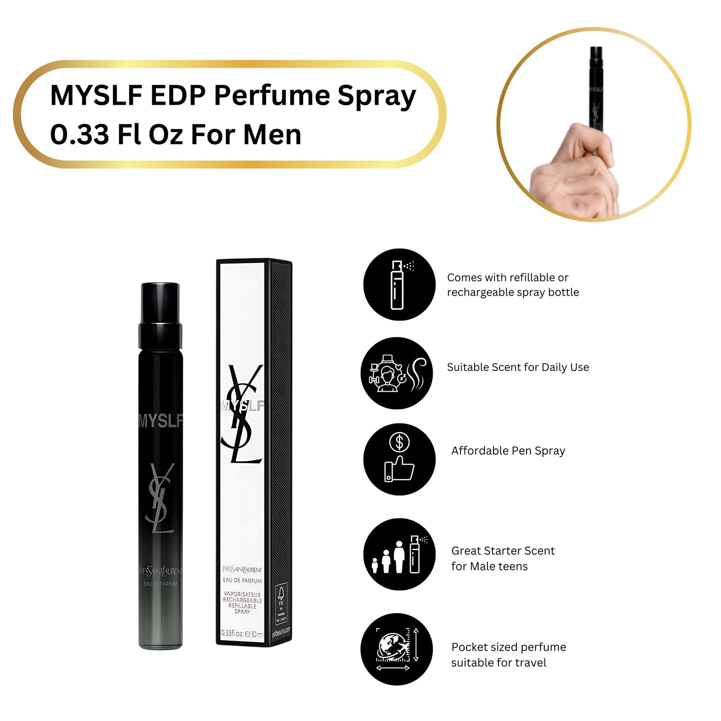 Yves Saint Laurent MYSLF Eau de Parfum for Men – 0.33 oz / 10 ml Travel Spray