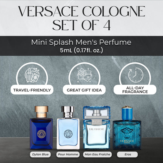 Versace Cologne for Men Set of 4 Mini Eros, Pour Homme, Dylan Blue, Eau Fraiche Perfume for Men Fragrance Sampler Set - Designer Mens Cologne Samples (4 Count, 0.17 oz)