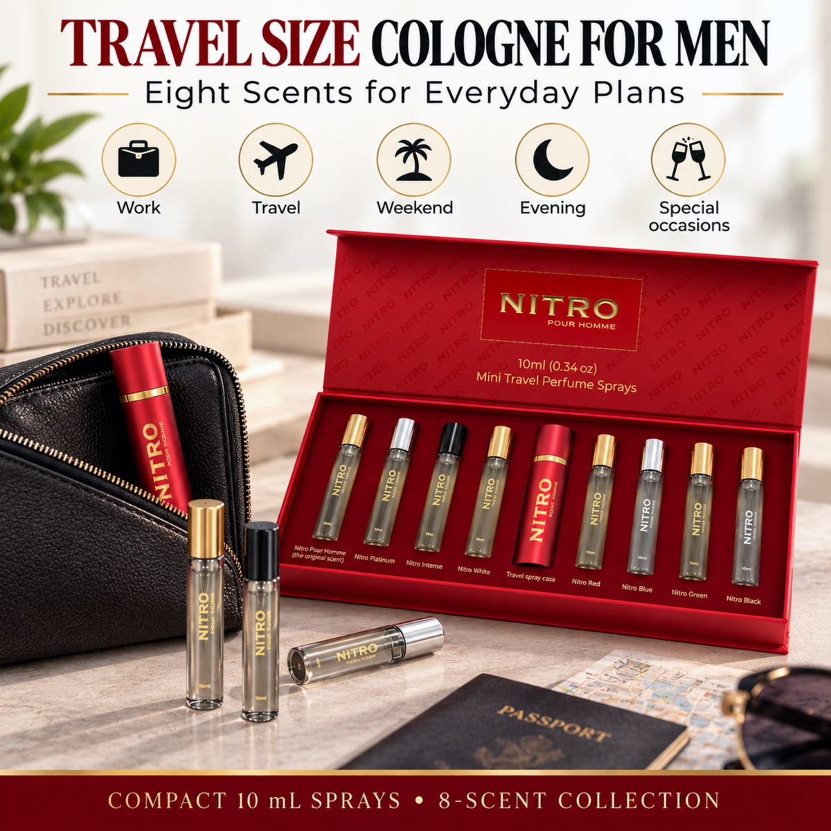 Dumont Nitro Pour Homme Perfume Discovery Set for Men Mini Travel Sprays 8 x 0.34 Fl Oz