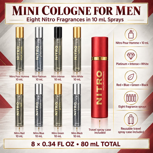 Dumont Nitro Pour Homme Perfume Discovery Set for Men Mini Travel Sprays 8 x 0.34 Fl Oz