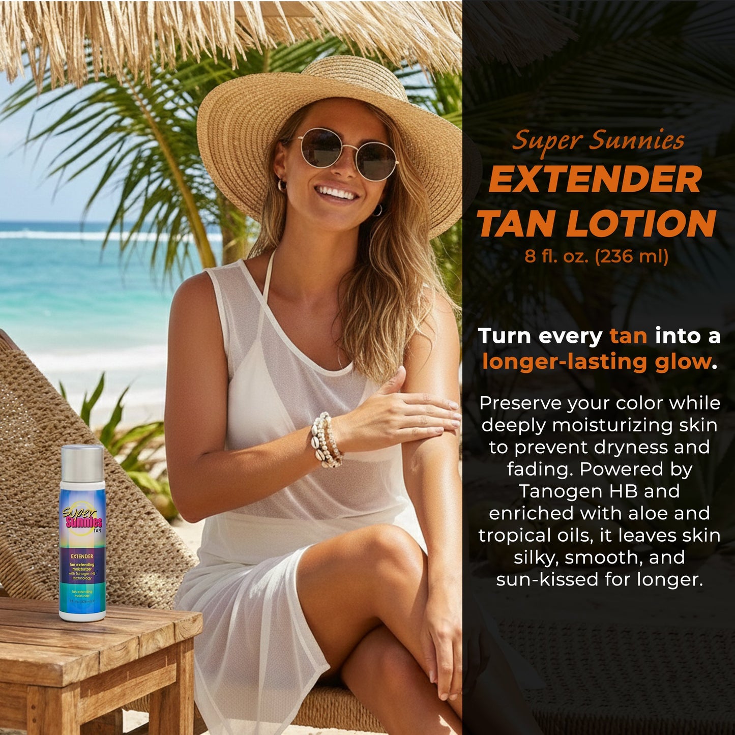 Super Sunnies Tan Extender Moisturizer Lotion with Tanogen HB – Indoor & Outdoor Tanning Lotion (8 oz)