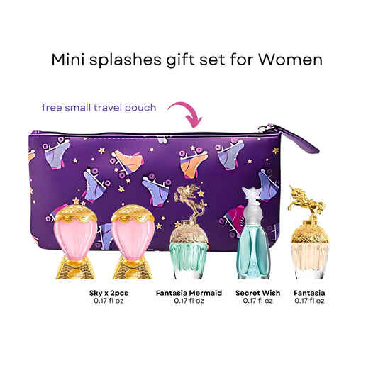 ANNA SUI 6 PC MINI SET FOR WOMEN: FANTASIA 0.17 EAU DE TOILETTE + FANTASIA MERMAID 0.17 EAU DE TOILETTE + SECRET WISH 0.17 EAU DE TOILETTE + 2 X SKY 0.17 EAU DE TOILETTE + POUCH