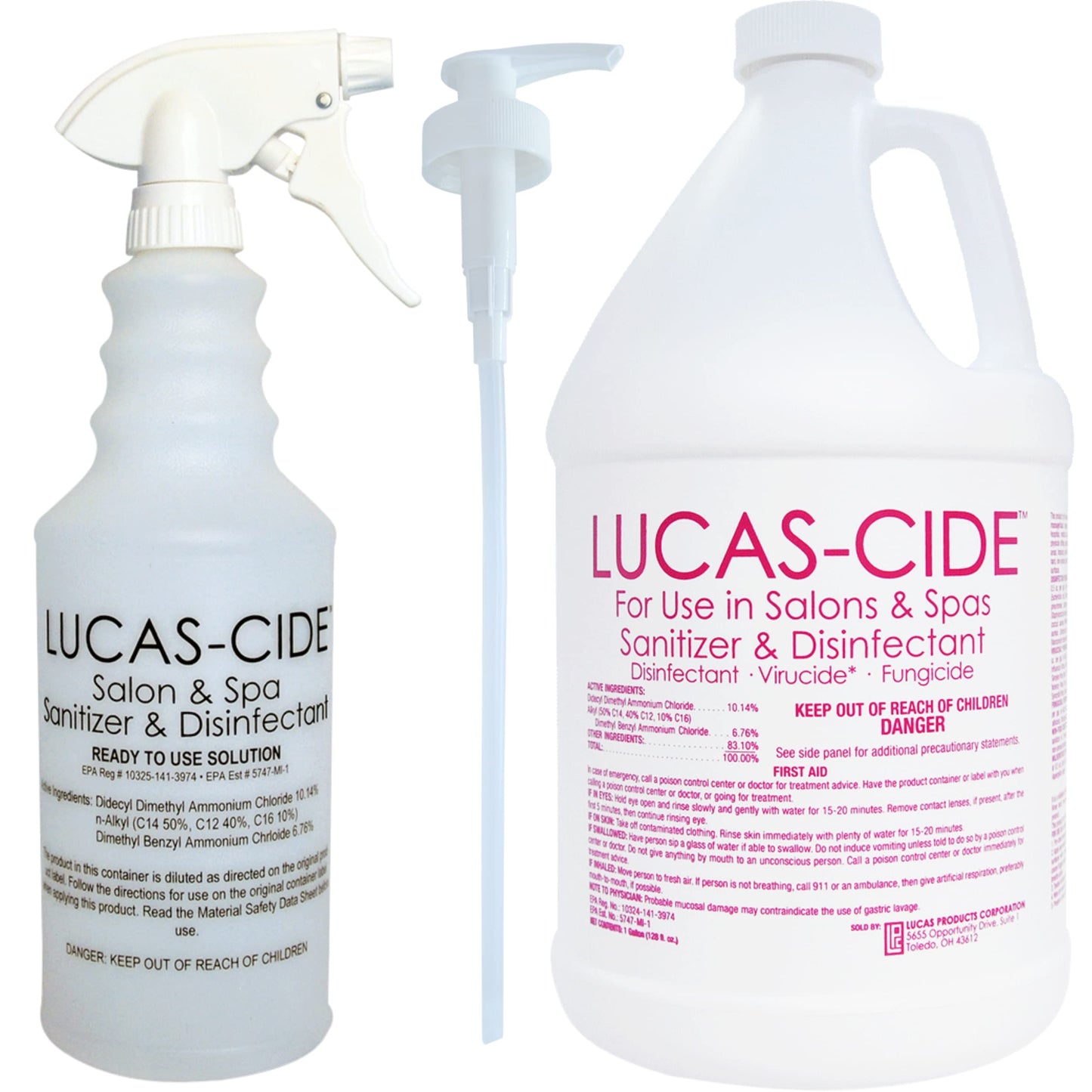 LUCAS-CIDE Salon and Spa Disinfectant 1 Gallon (Pink) Bundle with Pump & Leak Proof Spray Bottle (32 Oz.)