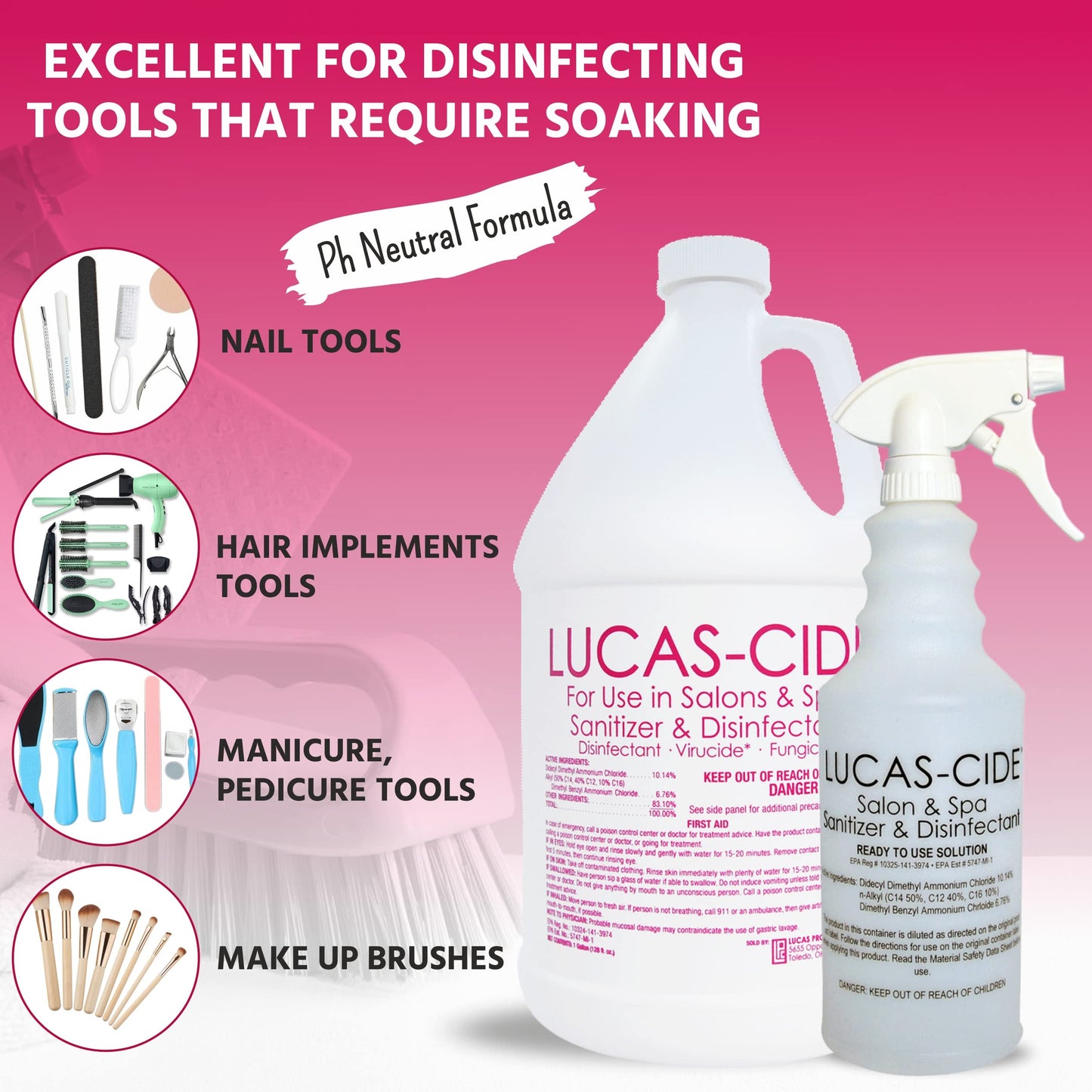 LUCAS-CIDE Salon and Spa Disinfectant 1 Gallon (Pink) Bundle with Pump & Leak Proof Spray Bottle (32 Oz.)