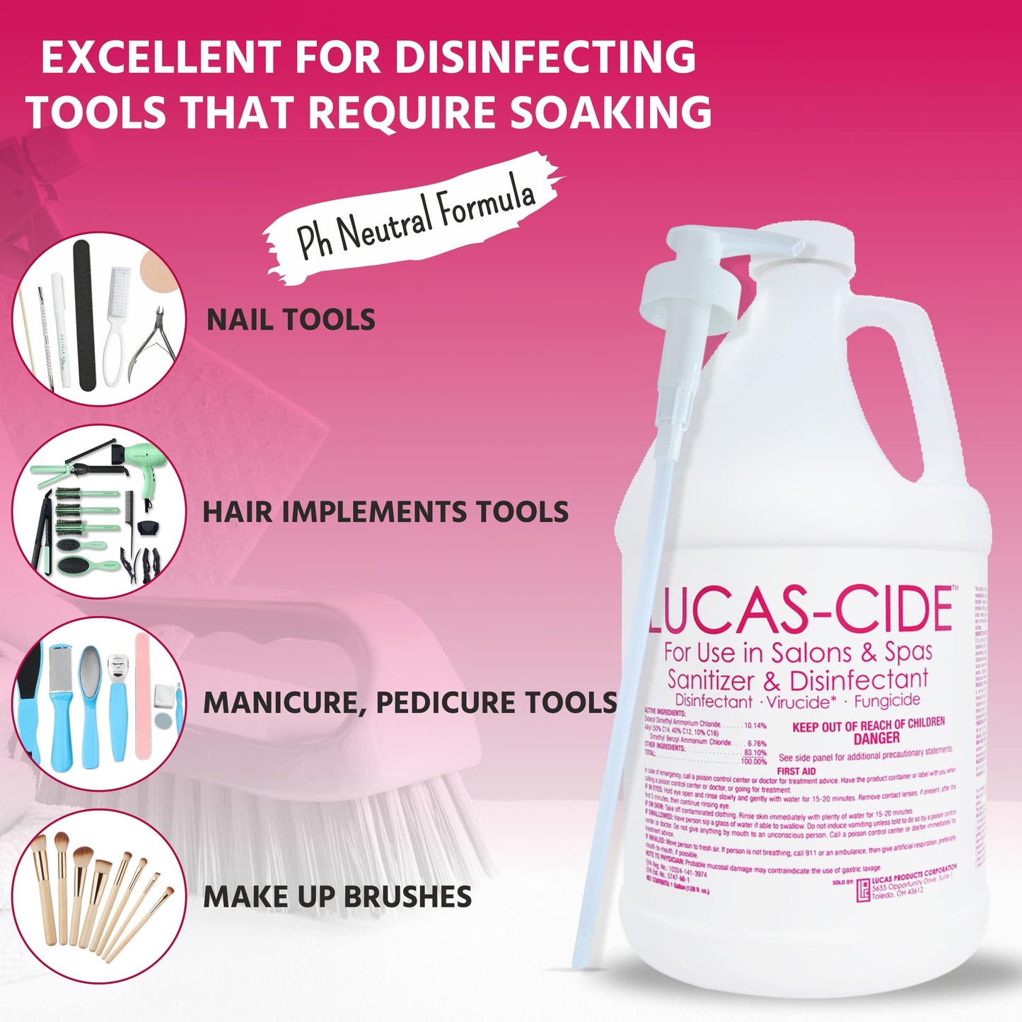 LUCAS-CIDE Salon & Spa Disinfectant, Multipurpose Surface Sanitizer, Bundle with Pump, 1 Gallon (Pink)
