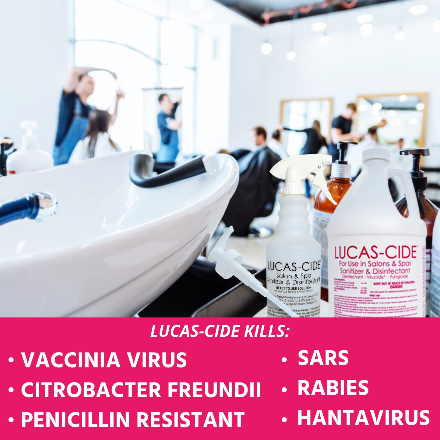 LUCAS-CIDE Salon and Spa Disinfectant 1 Gallon (Pink) Bundle with Pump & Leak Proof Spray Bottle (32 Oz.)