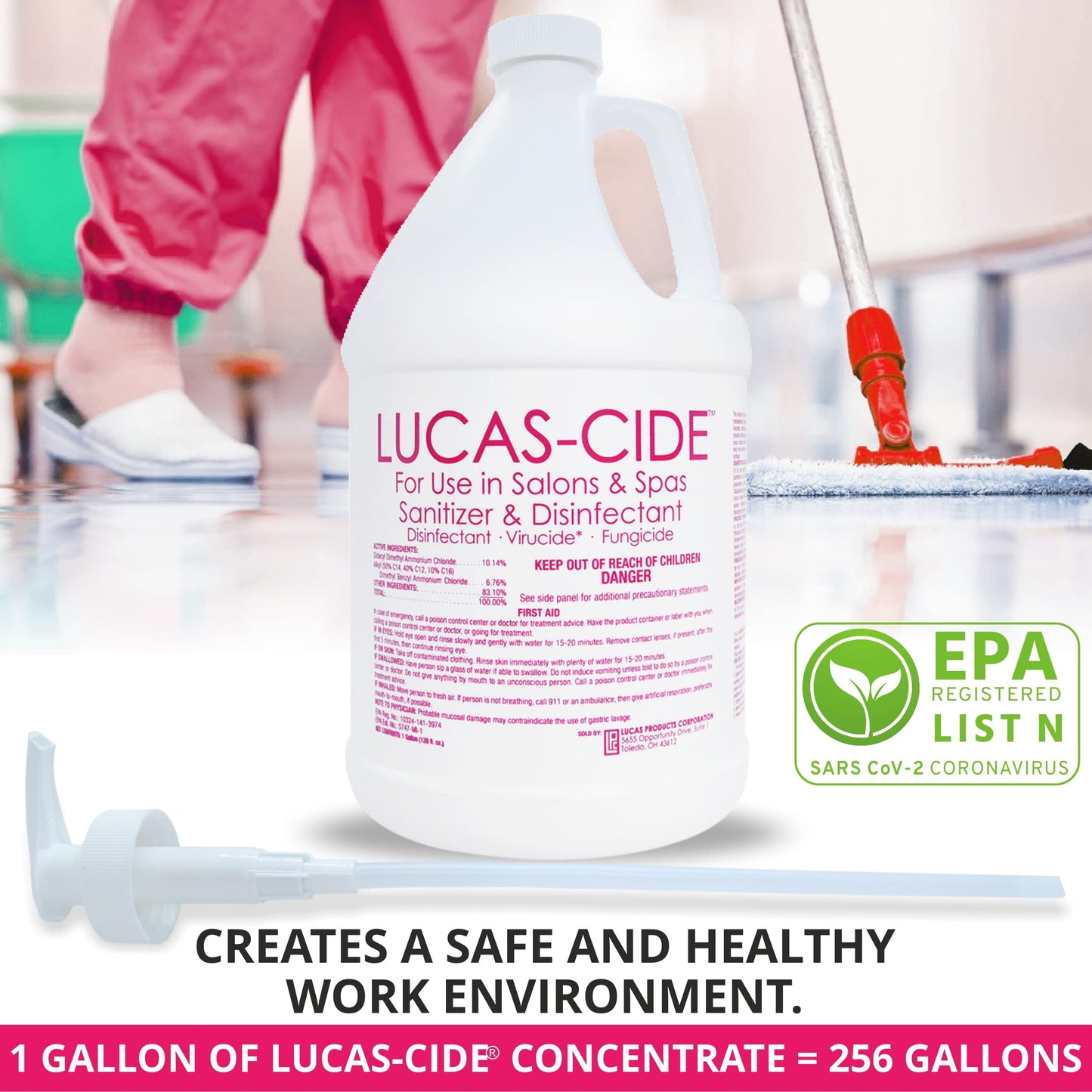 LUCAS-CIDE Salon & Spa Disinfectant, Multipurpose Surface Sanitizer, Bundle with Pump, 1 Gallon (Pink)
