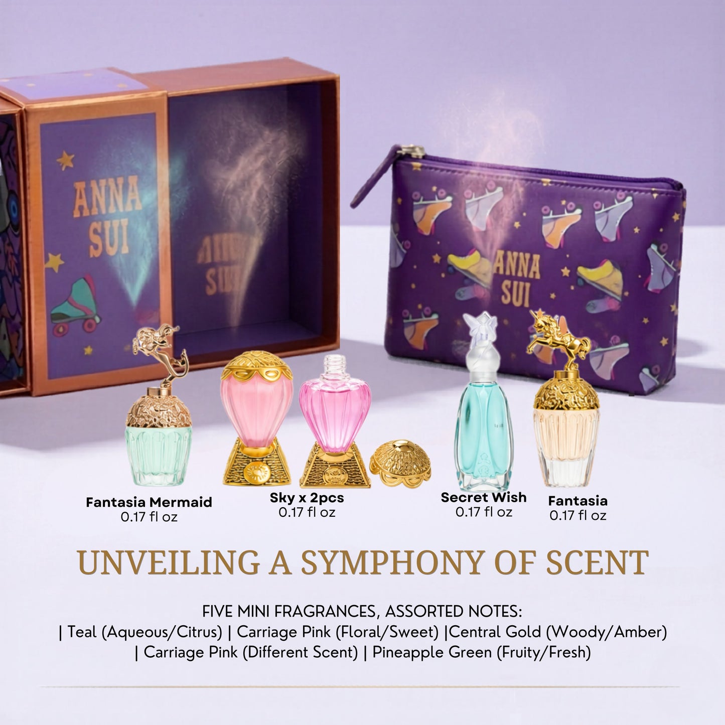 Anna Sui Mini Perfume Gift Set for Women – 5 Piece EDT Collection with Pouch (0.17 oz Each)