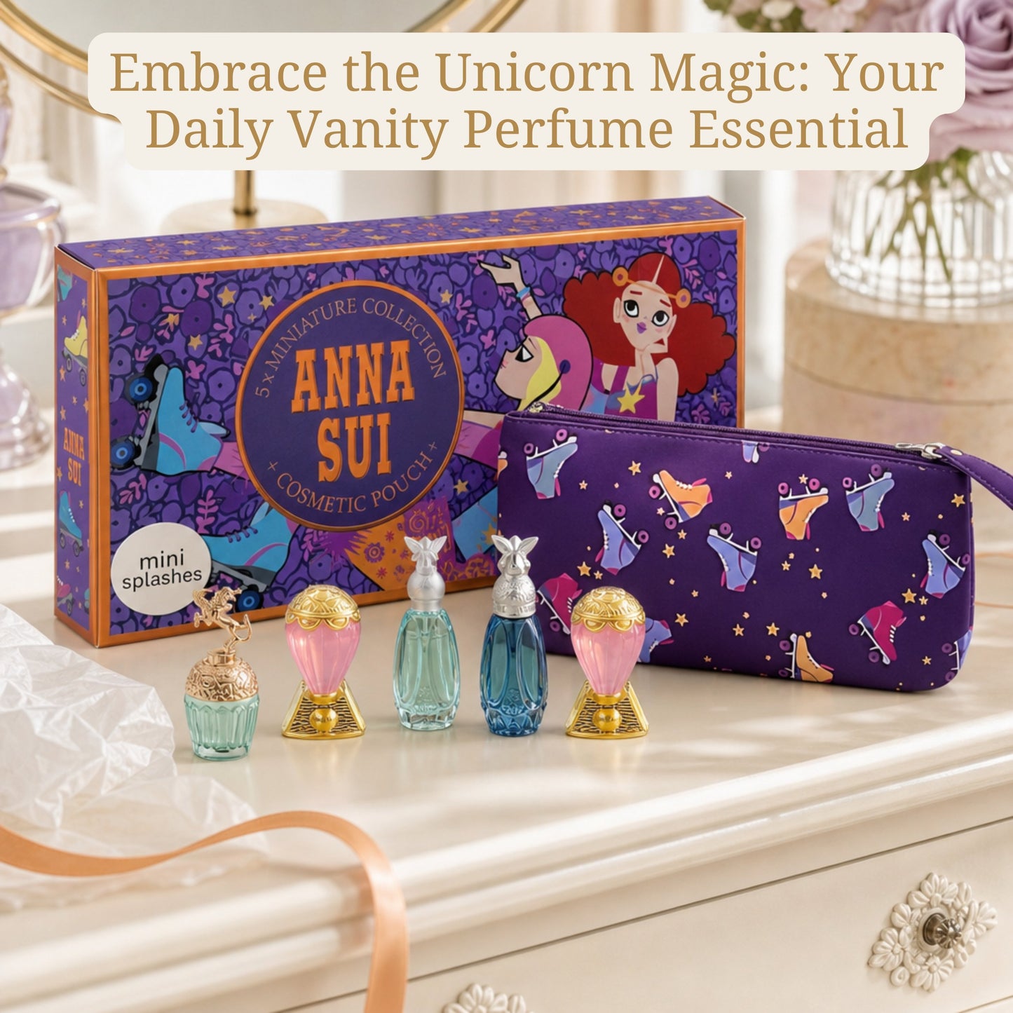 Anna Sui Mini Perfume Gift Set for Women – 5 Piece EDT Collection with Pouch (0.17 oz Each)