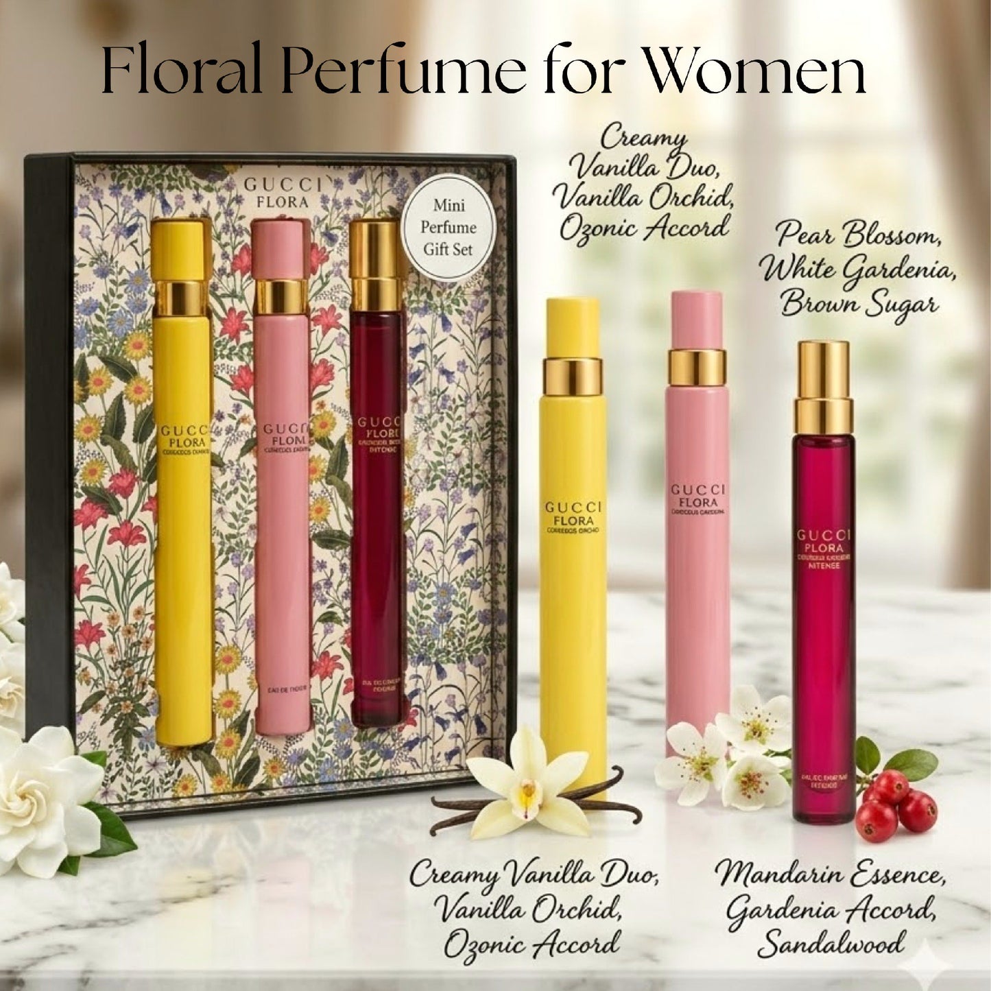Gucci Flora Gorgeous Perfume for Women Gift Set 3 Piece Mini EDP Travel Spray 0.33 Ounce