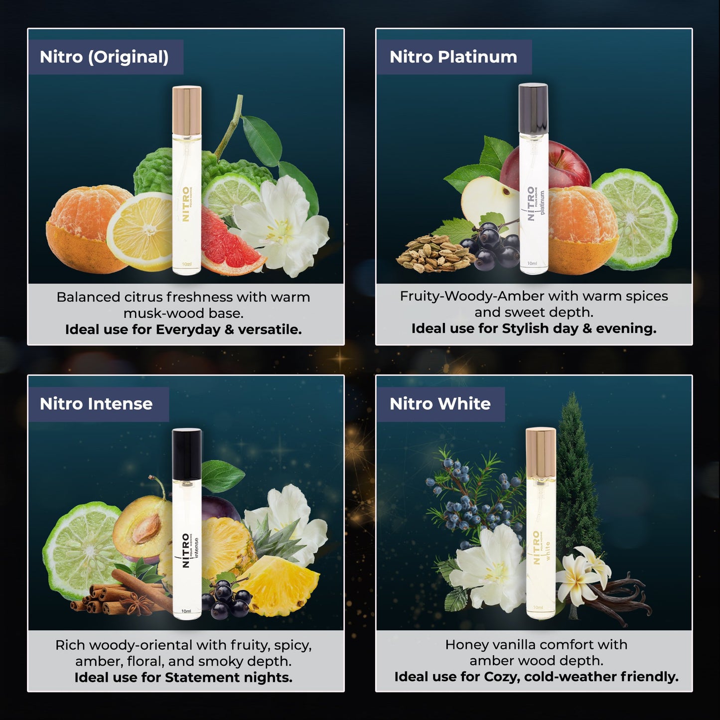 NITRO DUMONT PARIS POUR HOMME 9 * 0.34 EAU DE PARFUM SPRAY SET: NITRO + NITRO BLACK + NITRO GREEN + NITRO INTENSE + NITRO PLATINUM + NITRO RED + NITRO WHITE + NITRO BLUE + TRAVEL SPRAY CASE
