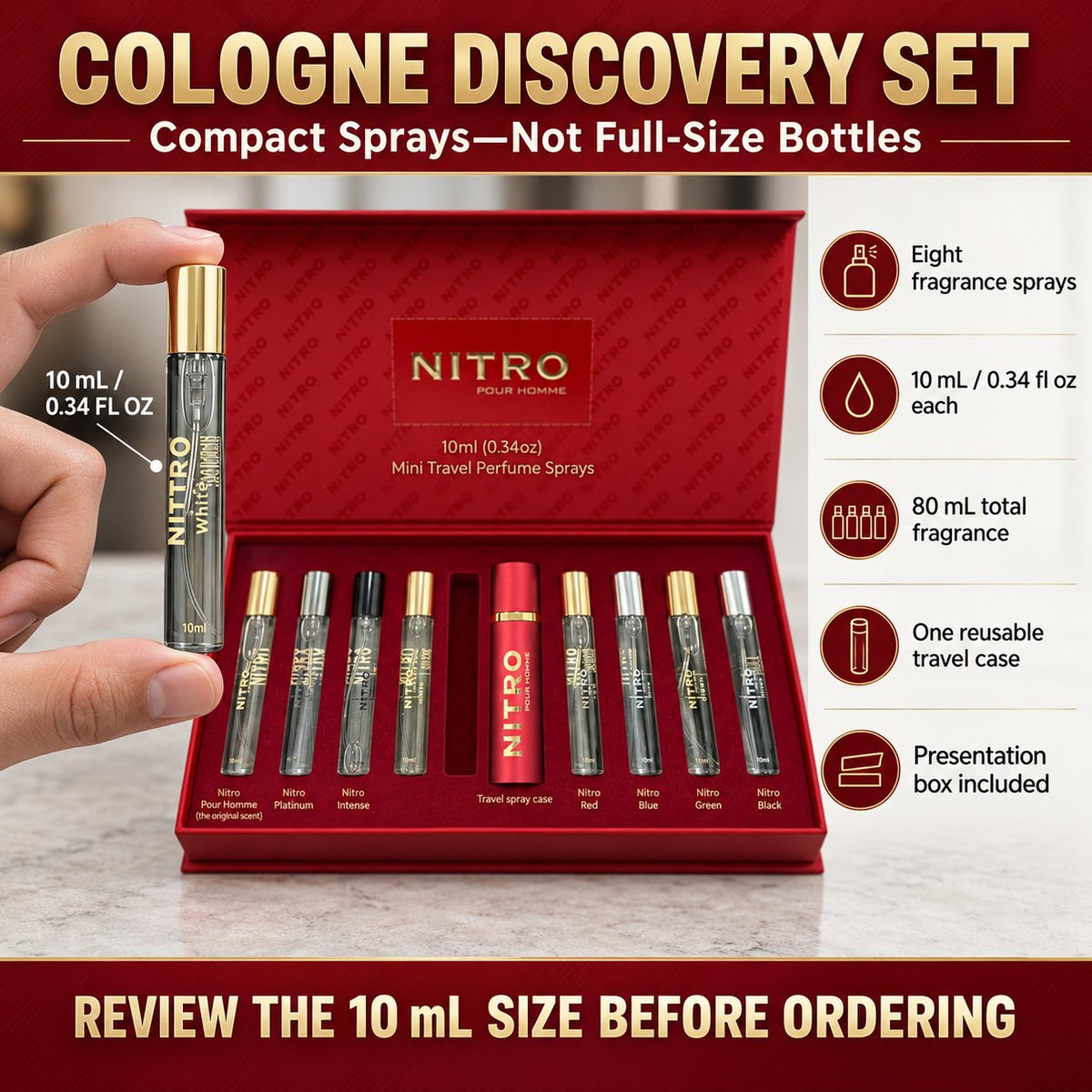 Dumont Nitro Pour Homme Perfume Discovery Set for Men Mini Travel Sprays 8 x 0.34 Fl Oz