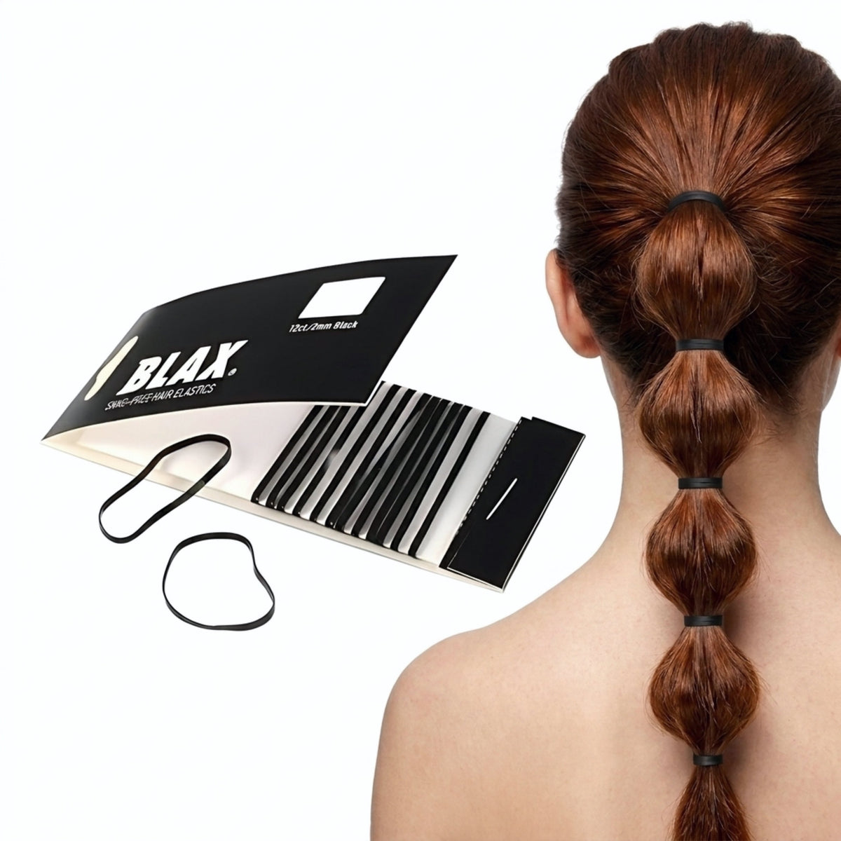 Blax Black Hair Elastics – Snag-Free Hair Ties, No-Damage Bands, 2mm 12 Count