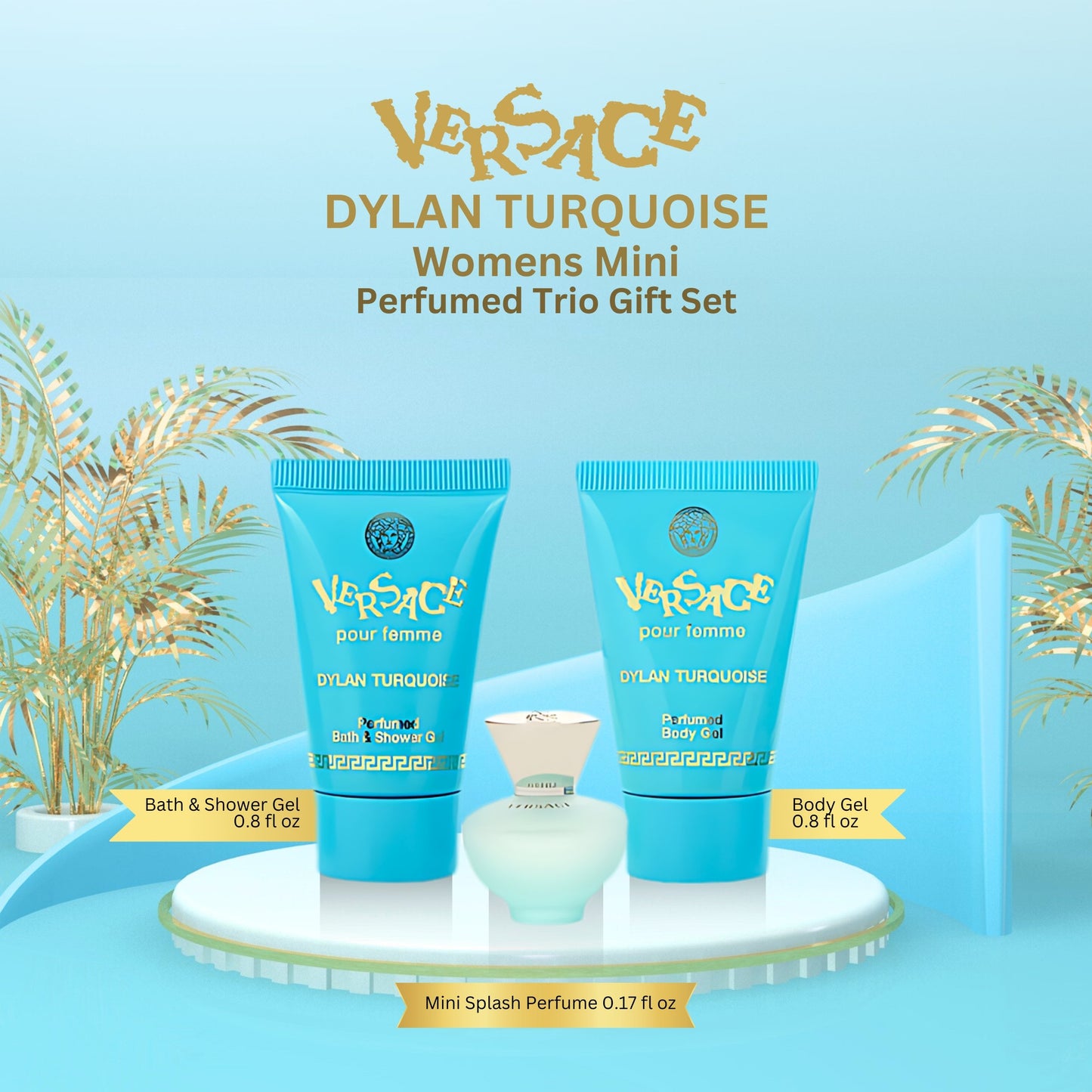 Versace Dylan Turquoise Womens Mini Perfume Trio Gift Set (5ml EDT Splash, 23ml Body Gel & 23ml Shower Gel)
