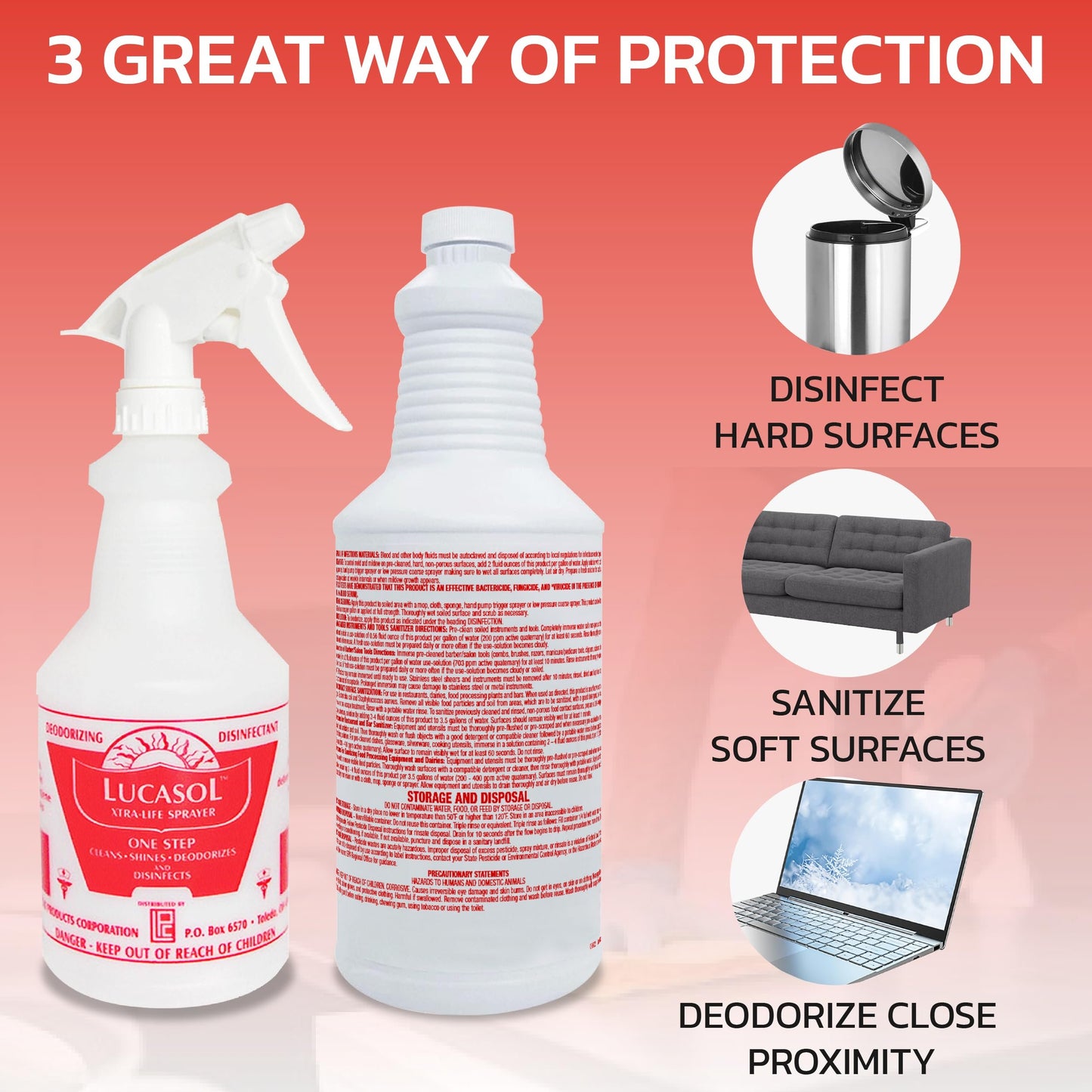 Lucasol All Purpose Cleaner, One Step Disinfectant for Hospitals, Schools, Salons, Household Cleaning and More. (32 oz)