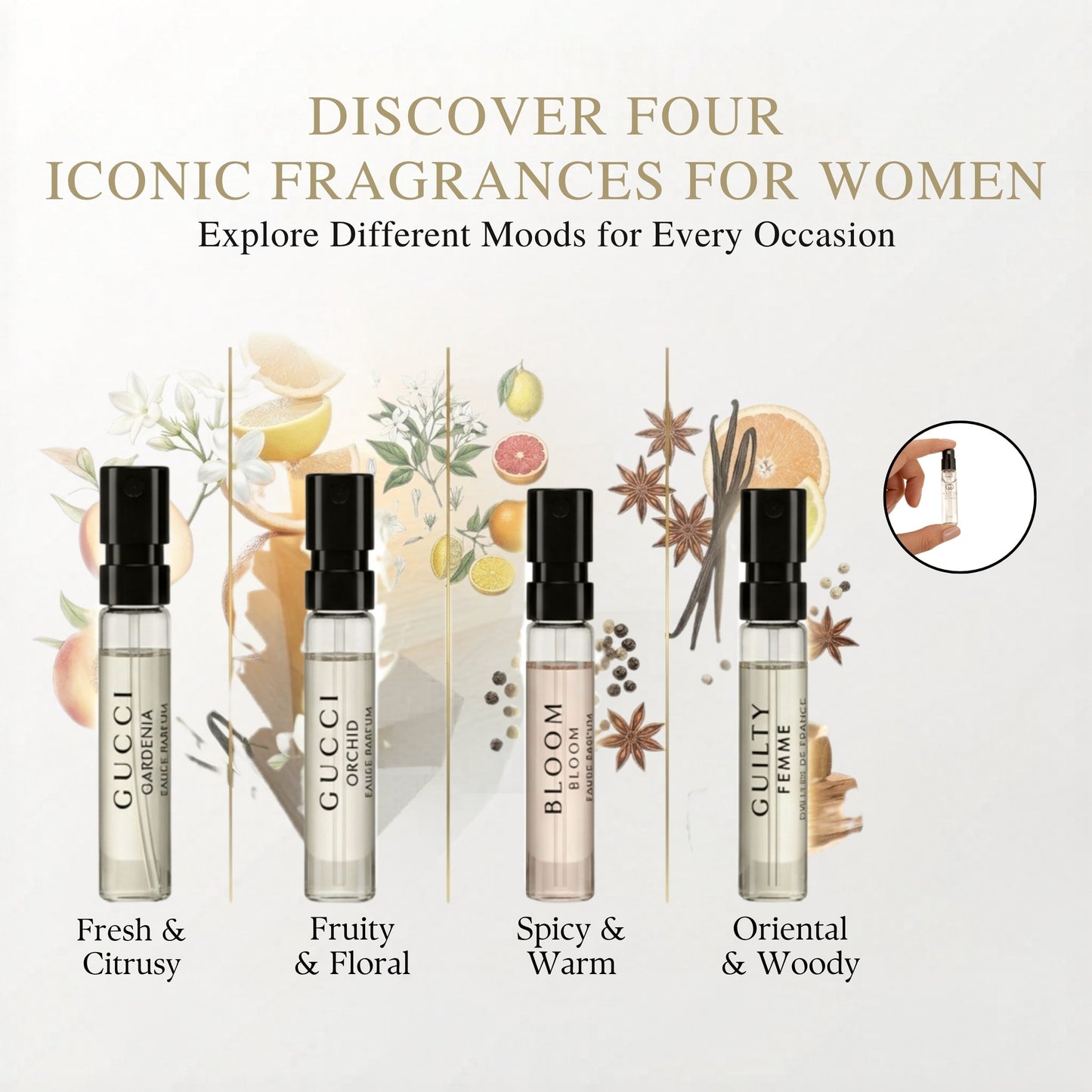 Gucci FLORA Sample Perfume WOMEN GIFT SET FLORA GOREGEOUS GARDENIA, FLORA GORGEOUS ORCHID, BLOOM, GUILTY Pour Femme - 1.5 ml / 0.05 oz - set of 4 spray samples (7760)