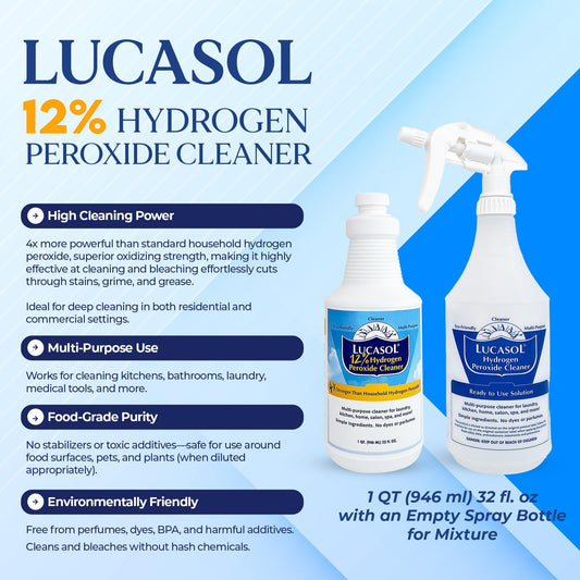Lucasol Food Grade Hydrogen Peroxide 12% – 1 Quart (32 Fl Oz) with Spray Bottle