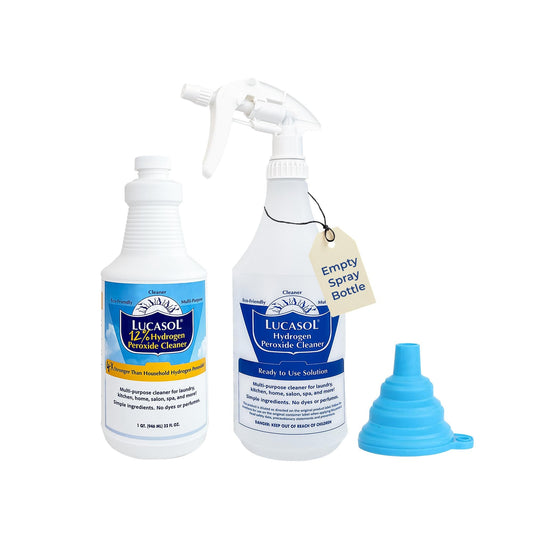 Lucasol Food Grade Hydrogen Peroxide 12% – 1 Quart (32 Fl Oz) with Funnel & Spray Bottle
