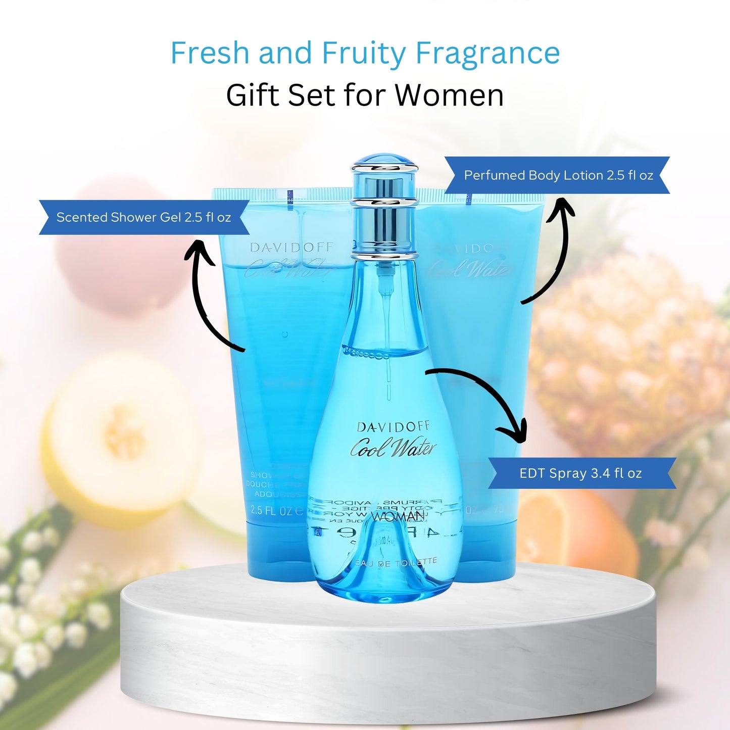 Cool Water by Zino Davidoff for Women - 3 Pc Gift Set 3.4oz EDT Spray, 2.5oz Gentle Shower Breeze, 2.5oz Moisturizing Body Lotion