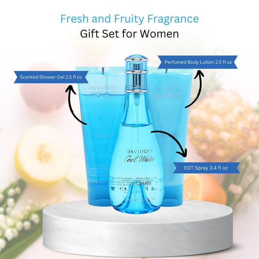 Cool Water by Zino Davidoff for Women - 3 Pc Gift Set 3.4oz EDT Spray, 2.5oz Gentle Shower Breeze, 2.5oz Moisturizing Body Lotion