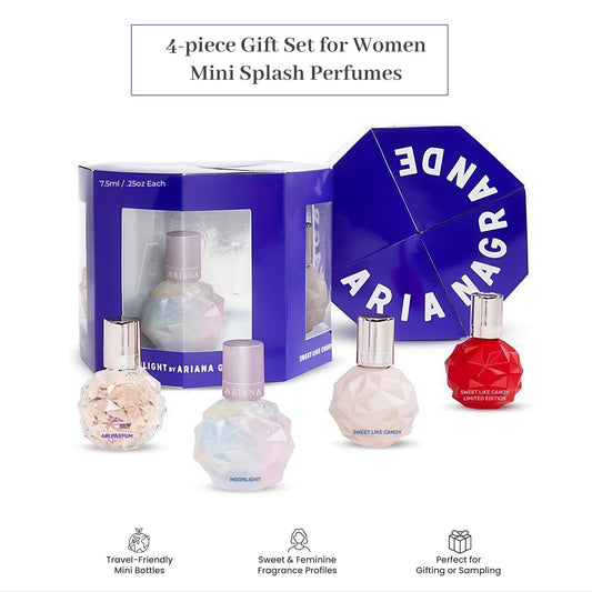 Ariana Grande 4 Piece Gift Set Eau De Parfum Splash Sweet Like Candy, Moonlight, Ari, Sweet Like Candy Limited Edition - 0.25 FL OZ / 7.5 ML (4X)