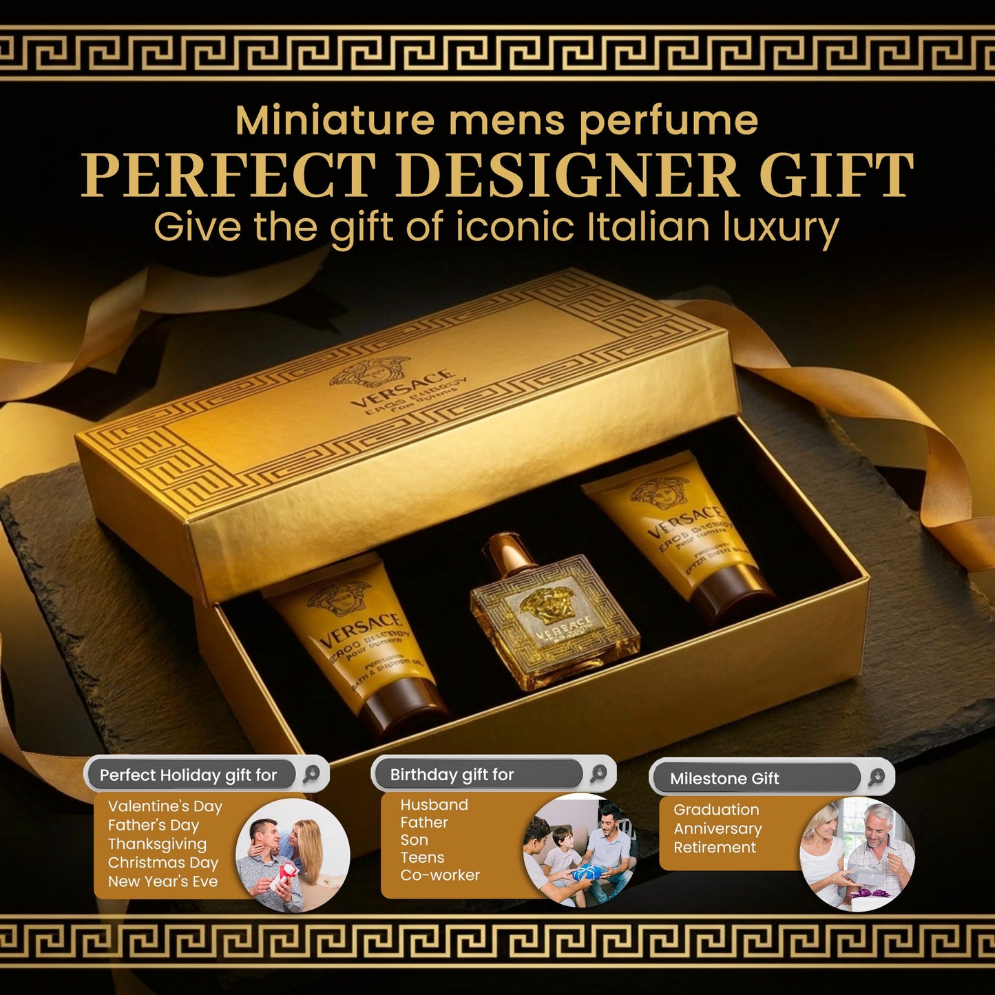 Versace Eros Energy Pour Homme Perfume for Men Gift Set Mini EDP Splash, Bath & Shower Gel and After Shave Balm