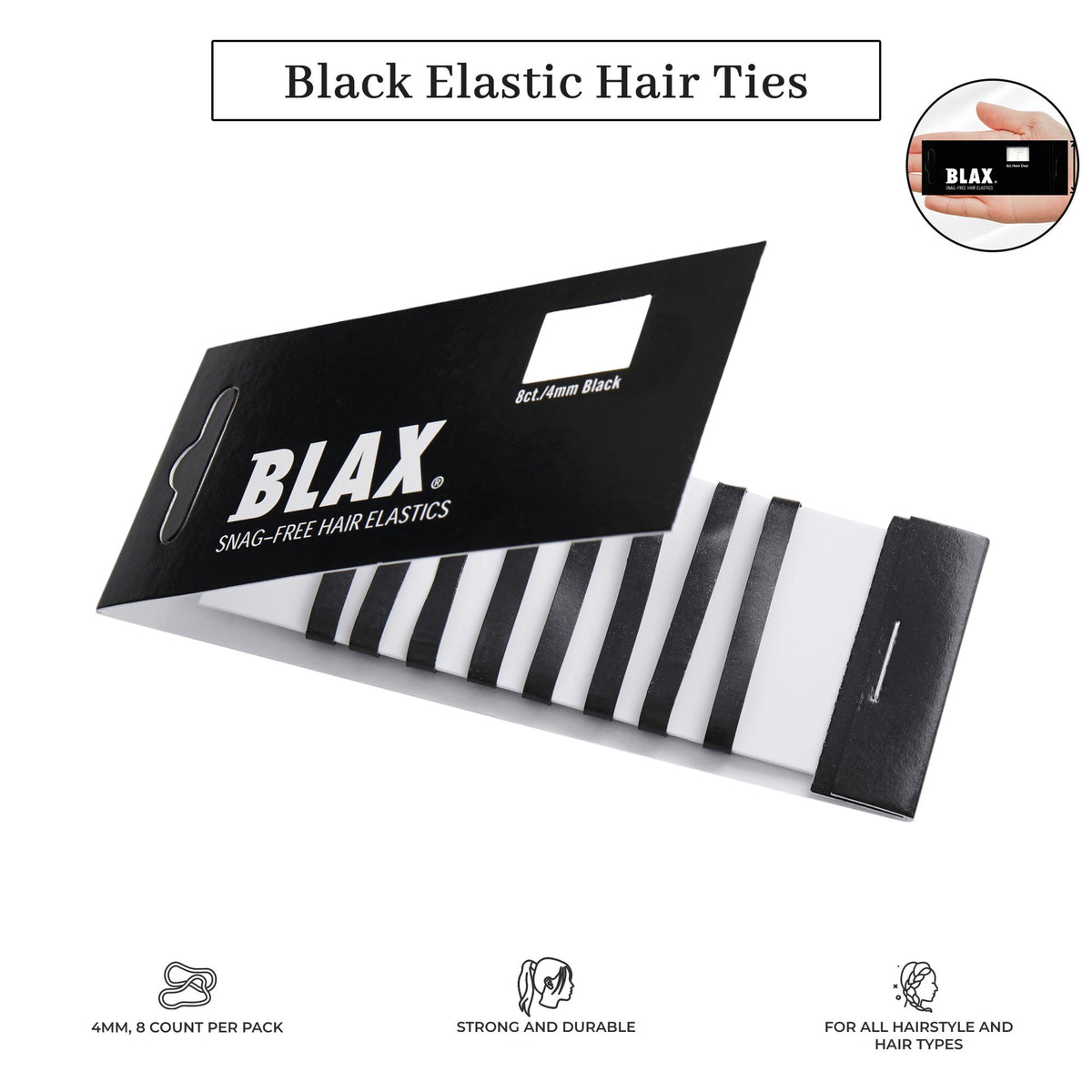 Blax Black Elastic Hair Ties - Snag-Free, Seamless, No-Damage Bands, 4mm 8 Count