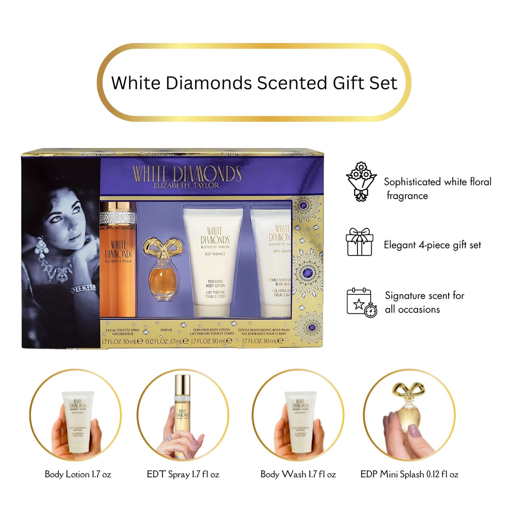 Elizabeth Taylor White Diamonds Perfume for Women EDT 4 Piece Gift Set 1.7 Ounce