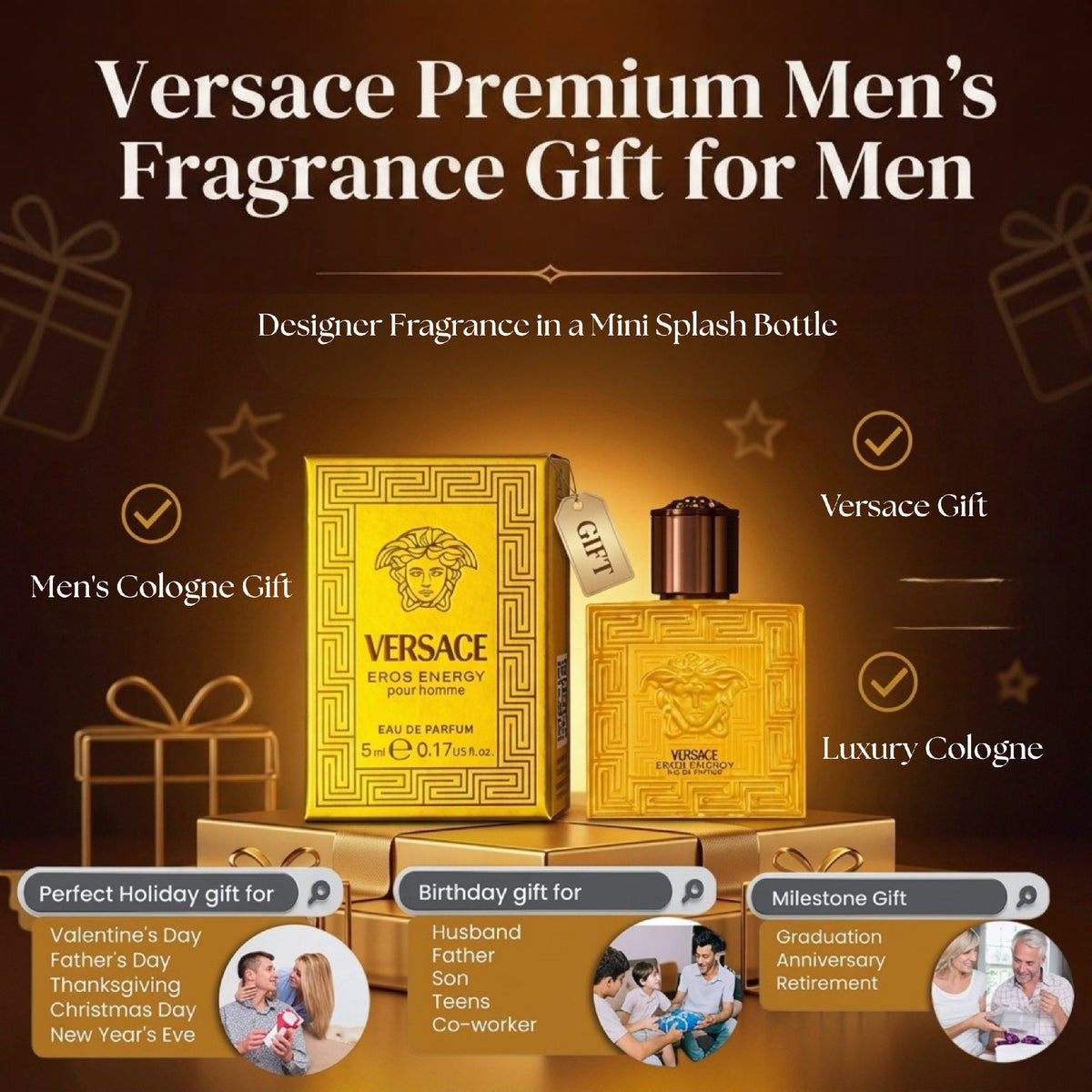 Versace Eros Energy Cologne for Men Mini EDP Splash 0.17 Fl Oz