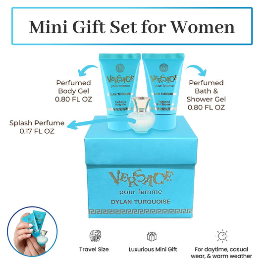 Versace Dylan Turquoise Womens Mini Perfume Trio Gift Set (5ml EDT Splash, 23ml Body Gel & 23ml Shower Gel)