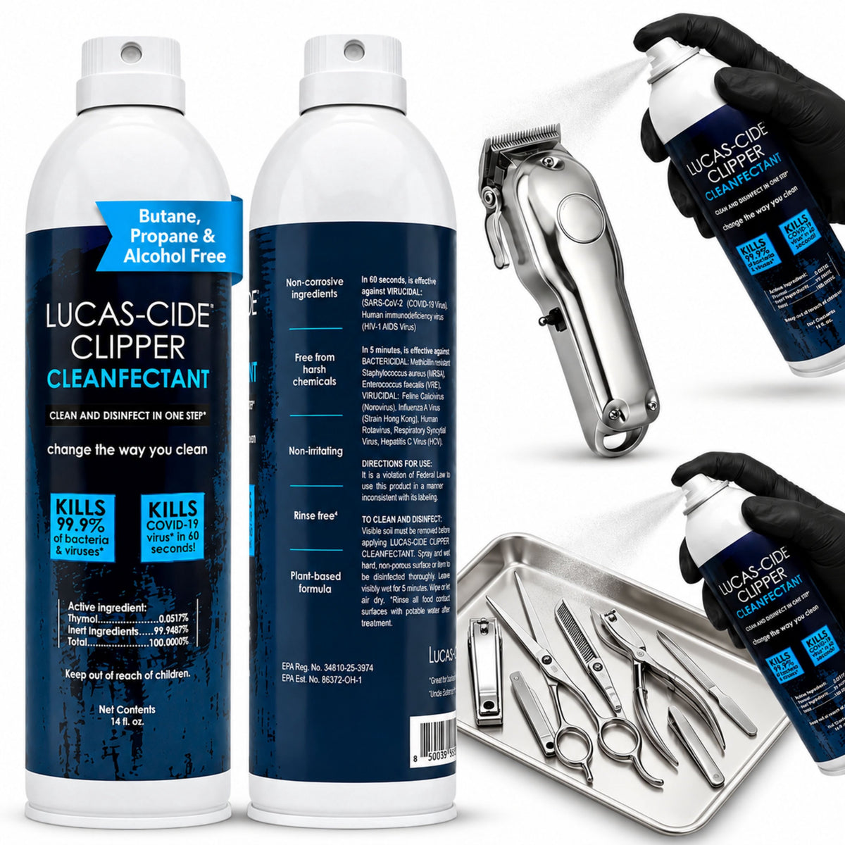 LUCAS-CIDE Clipper Cleaner & Disinfectant Spray, Coolant & Cleaner for Hair Trimmer, Blades & Shaver 16 Fl Oz - Set of 2