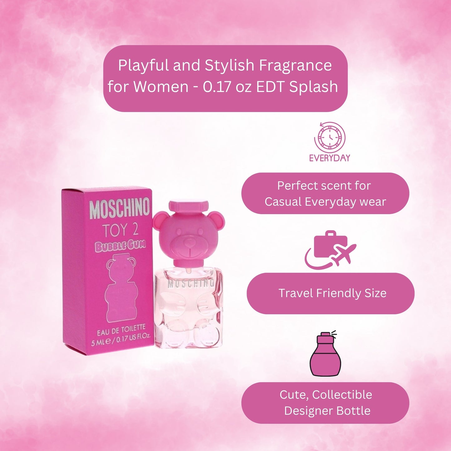Moschino Toy 2 Bubble Gum Mini EDT for Women 0.17 oz – Travel Size Sweet Fruity Floral Perfume