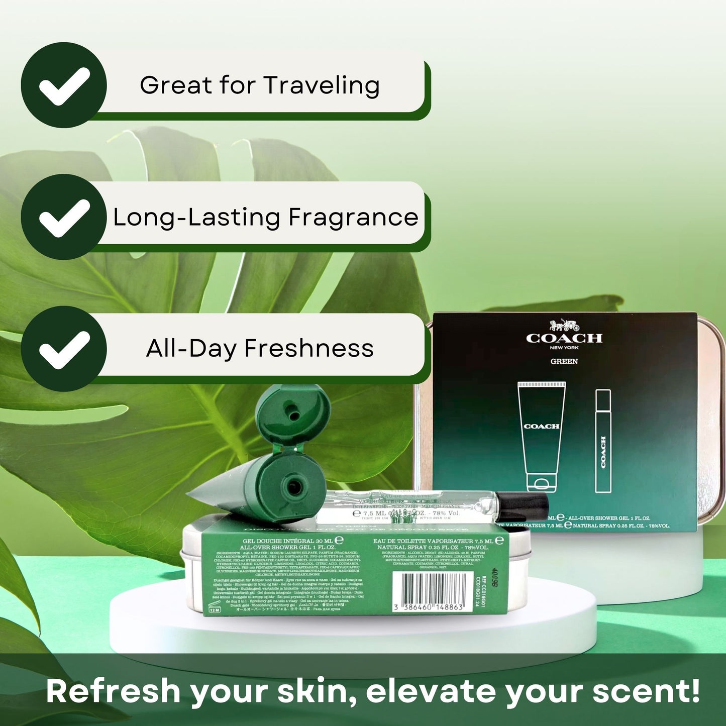 Coach Green Mini Gift Set for Men – EDT Travel Spray (7.5 ml) & Shower Gel (30 ml)