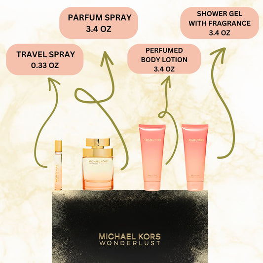 Michael Kors Wonderlust for Women - 4 Pc Gift Set 3.4oz EDP Spray, 3.4oz Body Lotion, 3.4oz Shower Gel, 0.33 oz EDP Spray